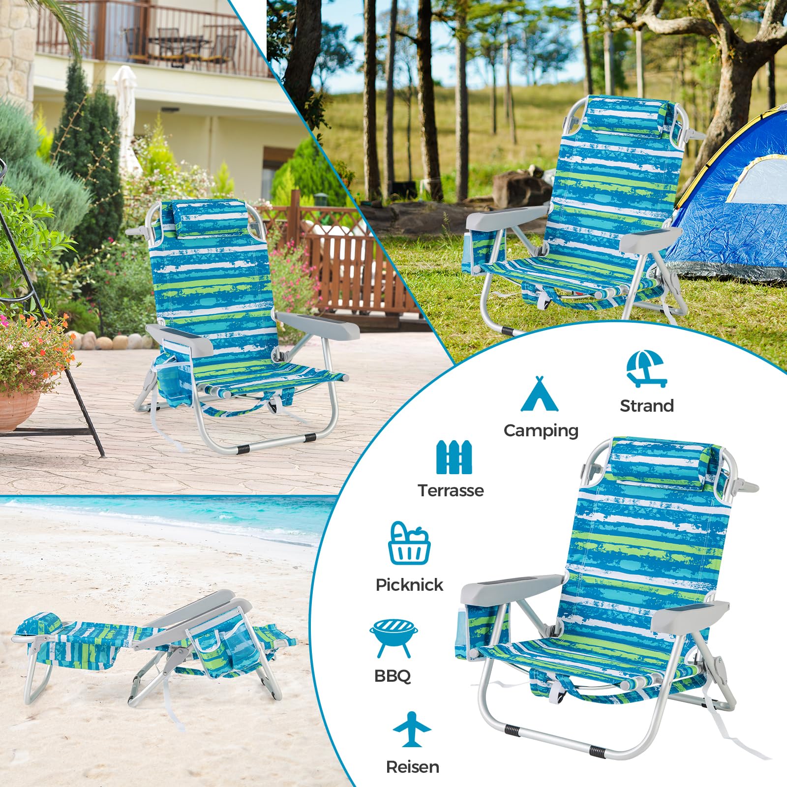 GOPLUS Strandstuhl klappbar leicht, Campingstuhl Outdoor Aluminium mit 5-Fach Verstellbarer Rückenlehne, bis 150kg belastbar, Klappstuhl Faltstuhl rutschfest mit Kissen Schultergurten (Grün,1)