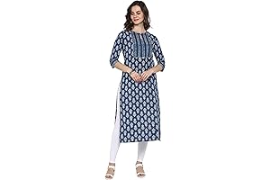 Janasya all blue printed cotton kurti with wide square neckline and 3/4th sleeves