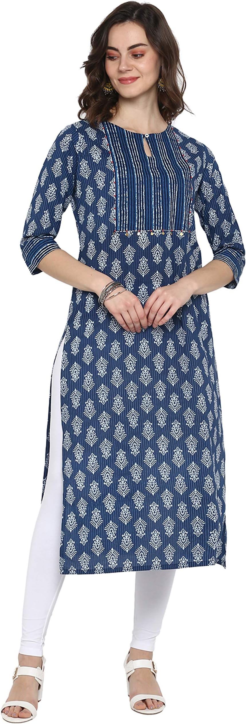 Janasya Women's Pure Cotton Straight Fit Straight Block Print Kurta