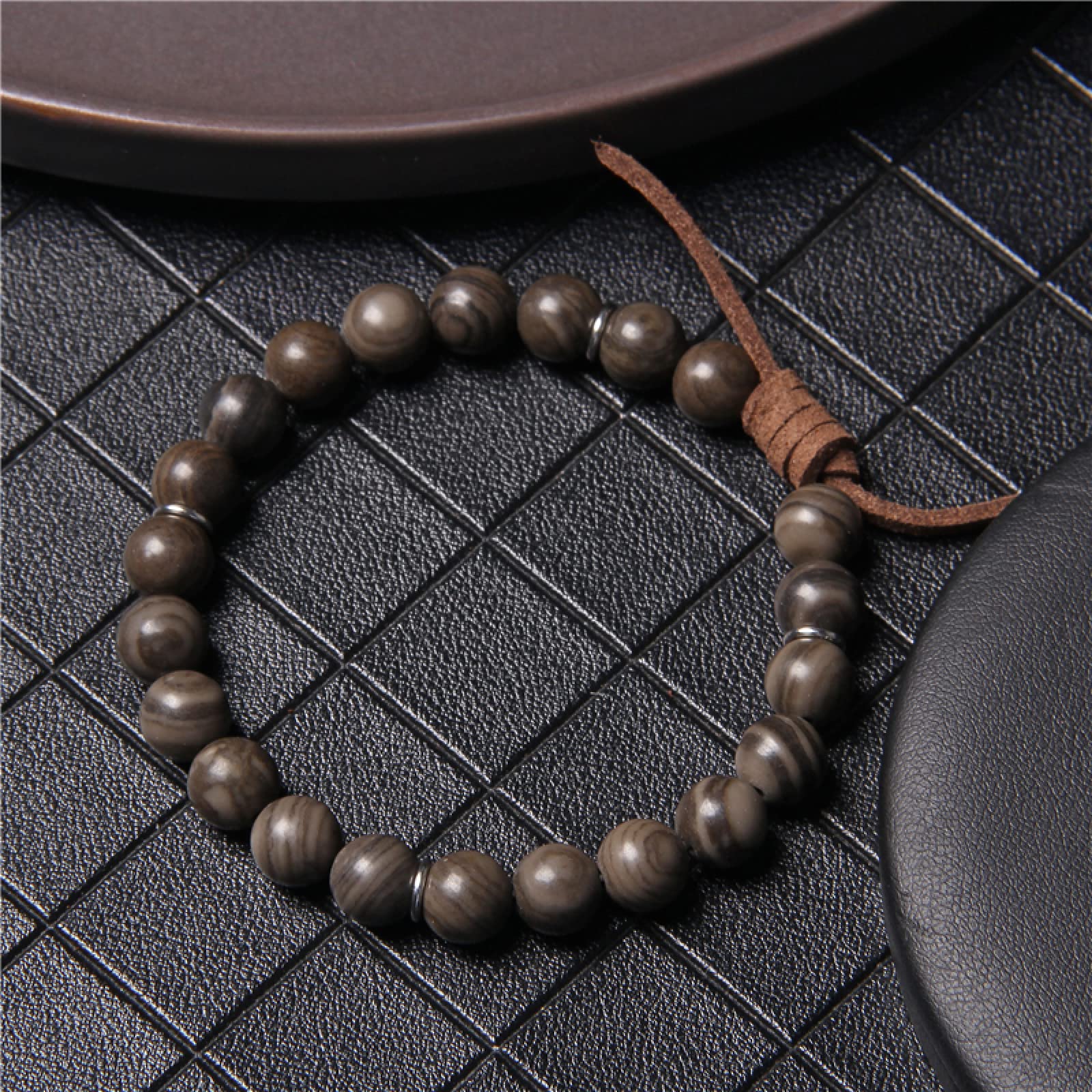 LYGBAOFUL Onyx Stein Armband Herren Braun Schwarz Lederarmband Naturstein Armband Damen Heulend 19cm