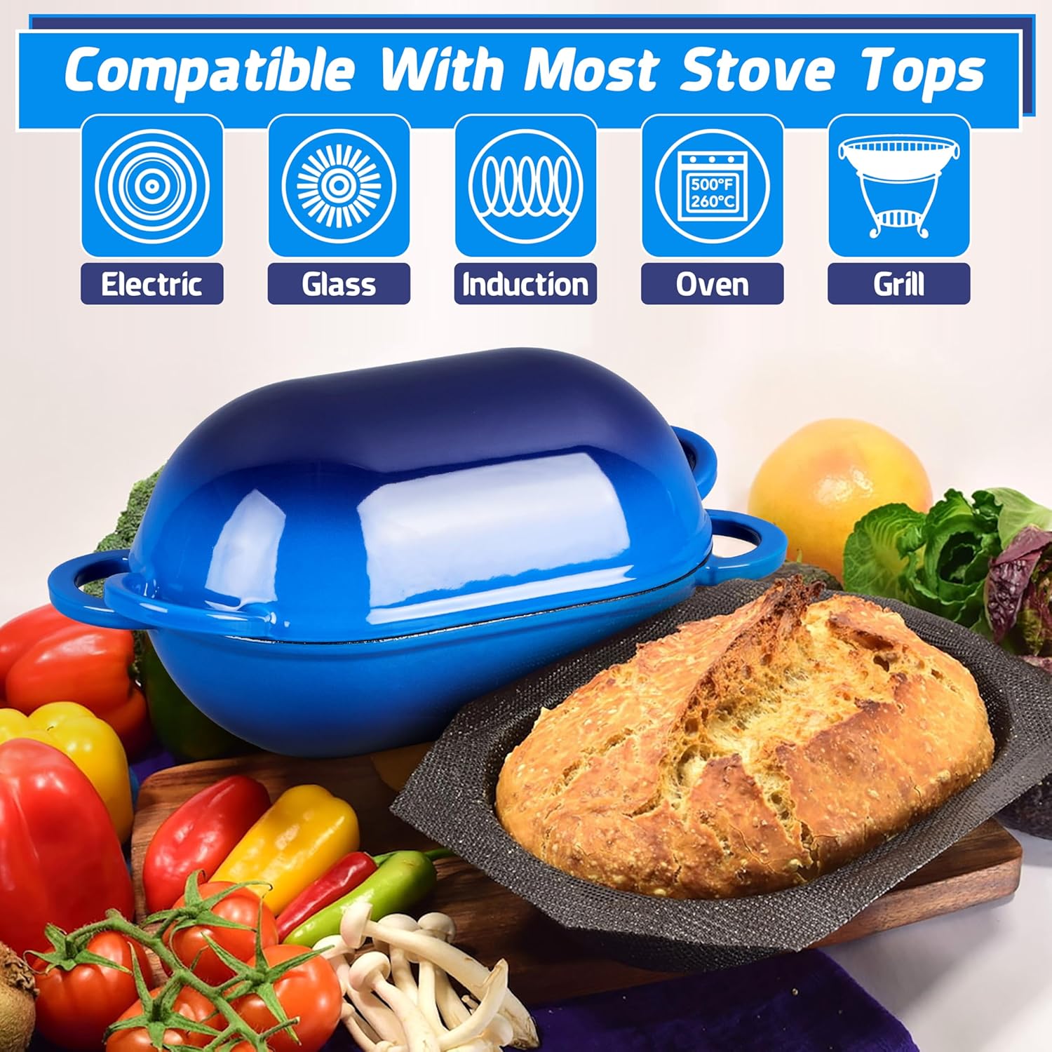 2-In-1 Enamel Loaf Pan with Lid, HaSteeL Small 2.8 QT Cast Iron Dutch Oven for Homemade Bread Sourdough Cake Meatloaf Baking, Blue