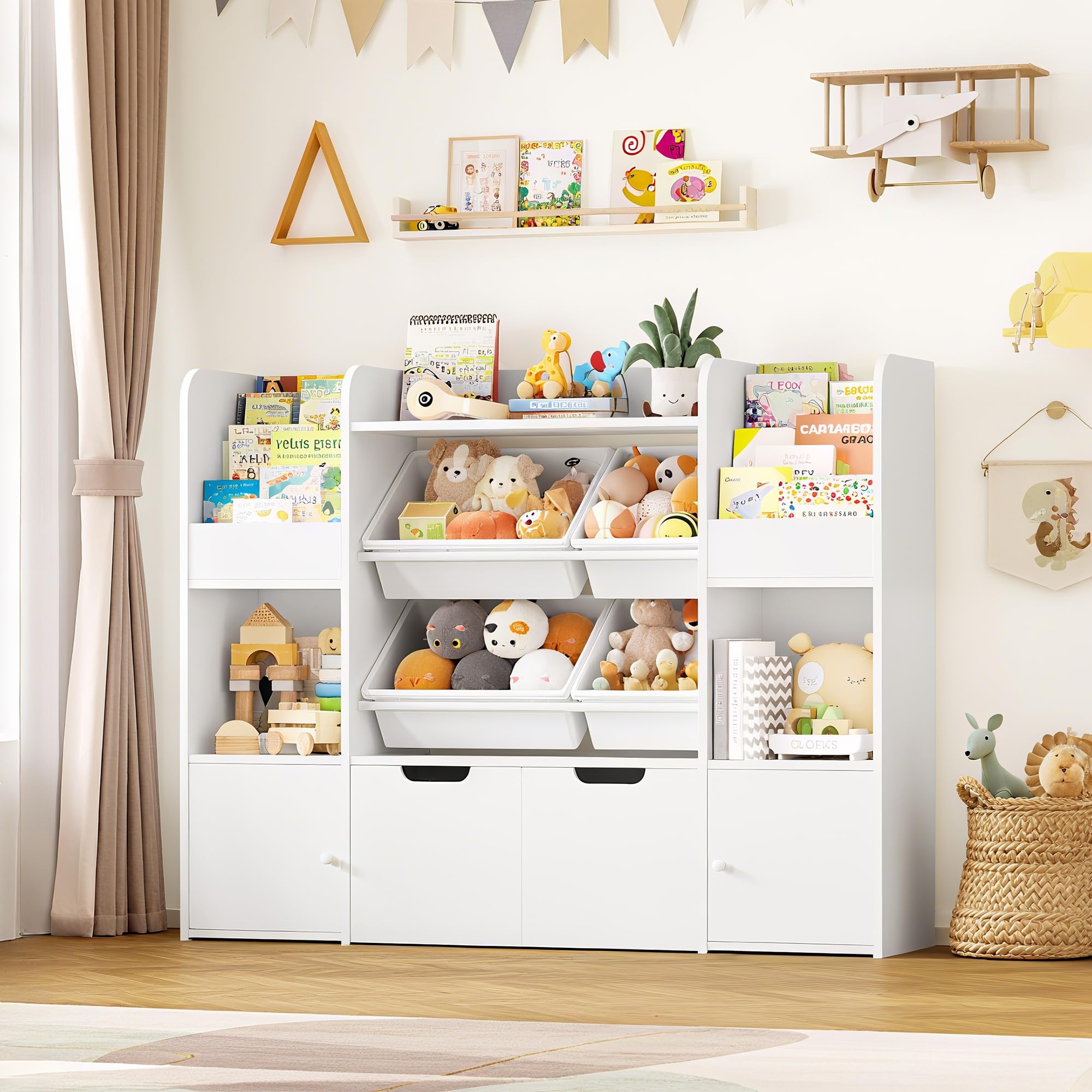 FOREHILL Meuble Rangement Enfant Bibliothèque Enfant Boîtes Amovibles Blanc | Rangement jouet et livres 126x30x104cm | 13 Étagères 2 tiroirs roulants | Meuble pour chambre salle de jeu | Facile à monter