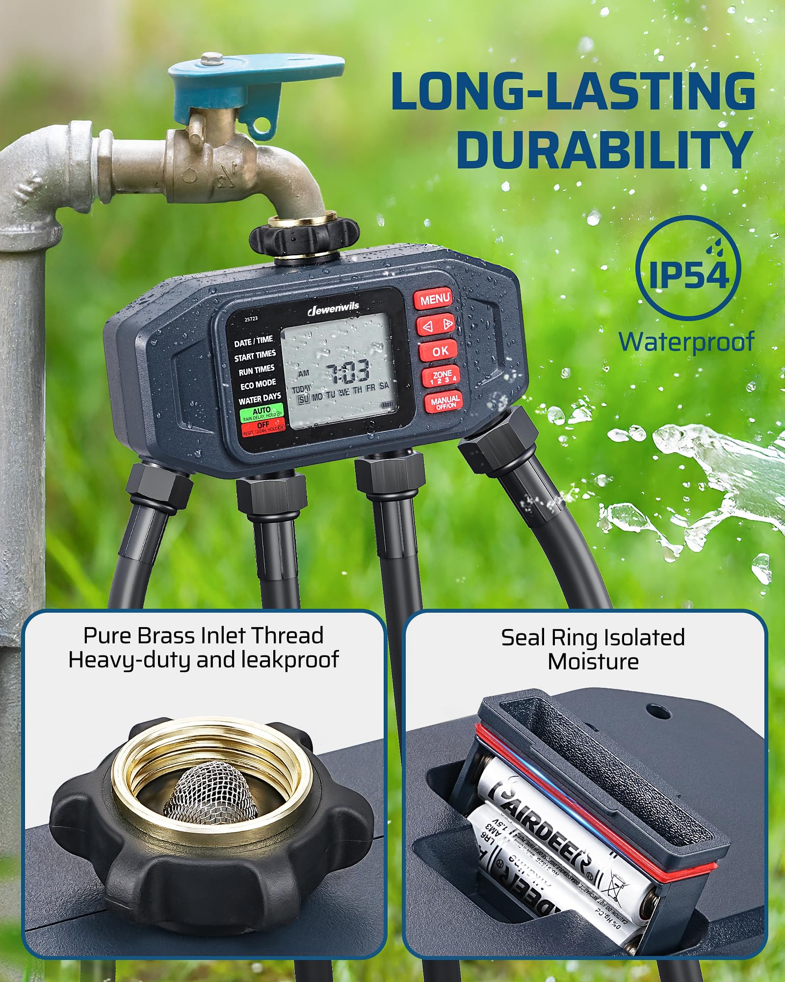 DEWENWlLS - Timer irrigatore a 4 zone, per rubinetto esterno, ritardo pioggia e manuale, timer programmabile per tubo dell'acqua, per vacanze, giardino, prato, orto, fiori in vaso