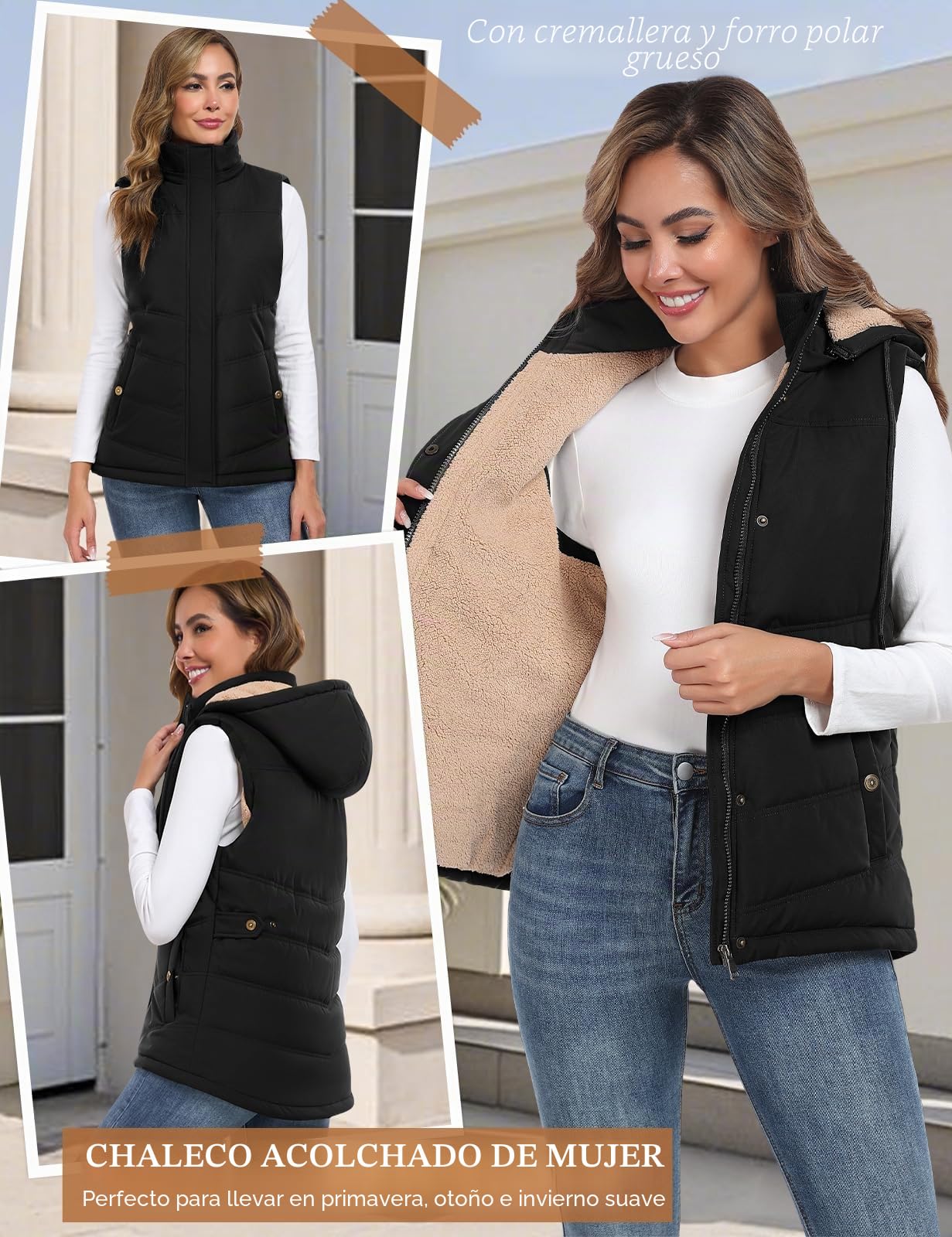 Tuopuda Chaleco Mujer Polar Chaleco Acolchado Invierno Termico Chaquetas sin Mangas con Capucha Desmontable Chalecos Exteriores con Bolsillos Outwear con Cremallera