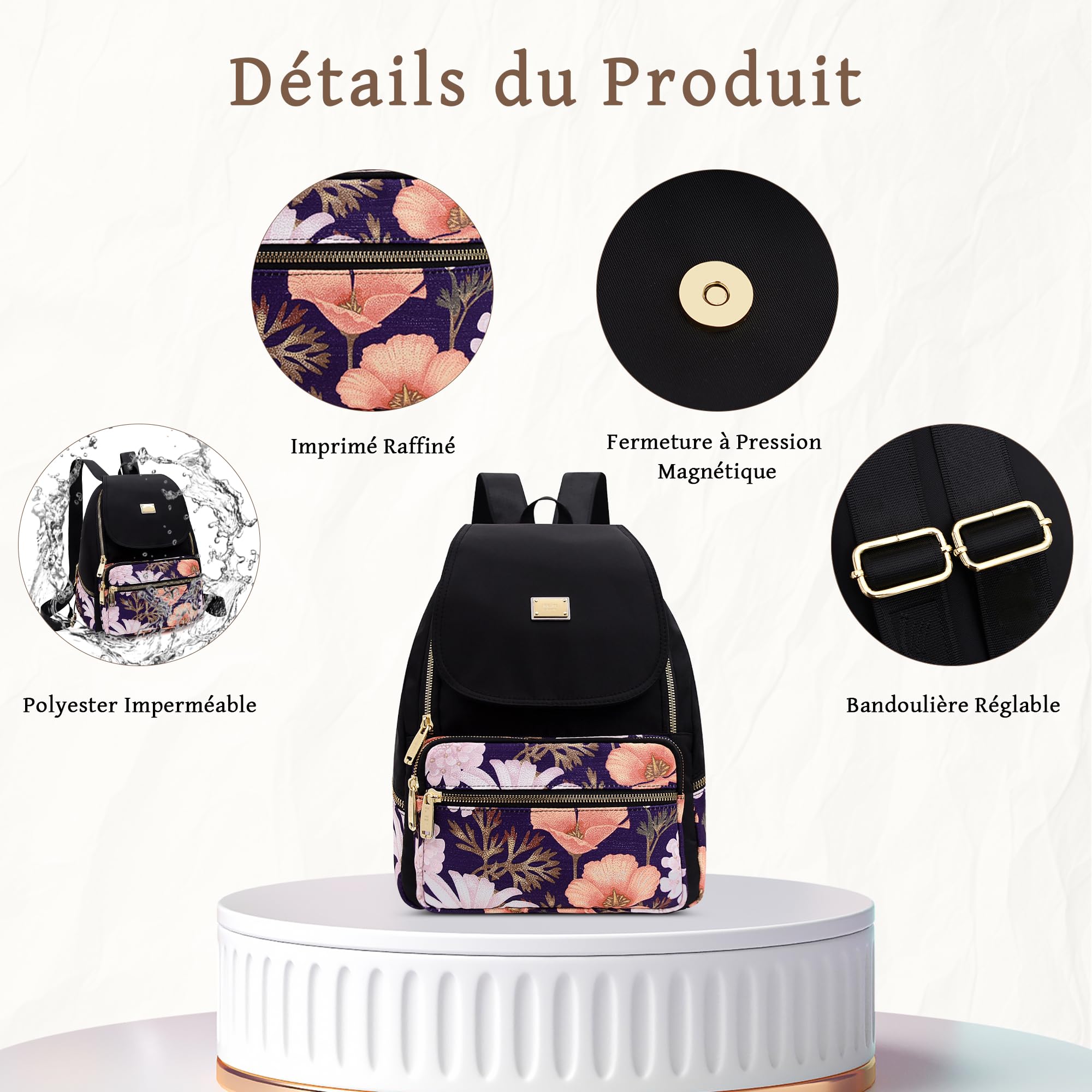 Sac à Dos Femme Sac à Dos Élégant Loisir Anti-vol Imperméable Backpack Sac à Bandoulière Multifonctionnel pour École Voyage Shopping Travail Grand Sac à Dos En Polyester Gris