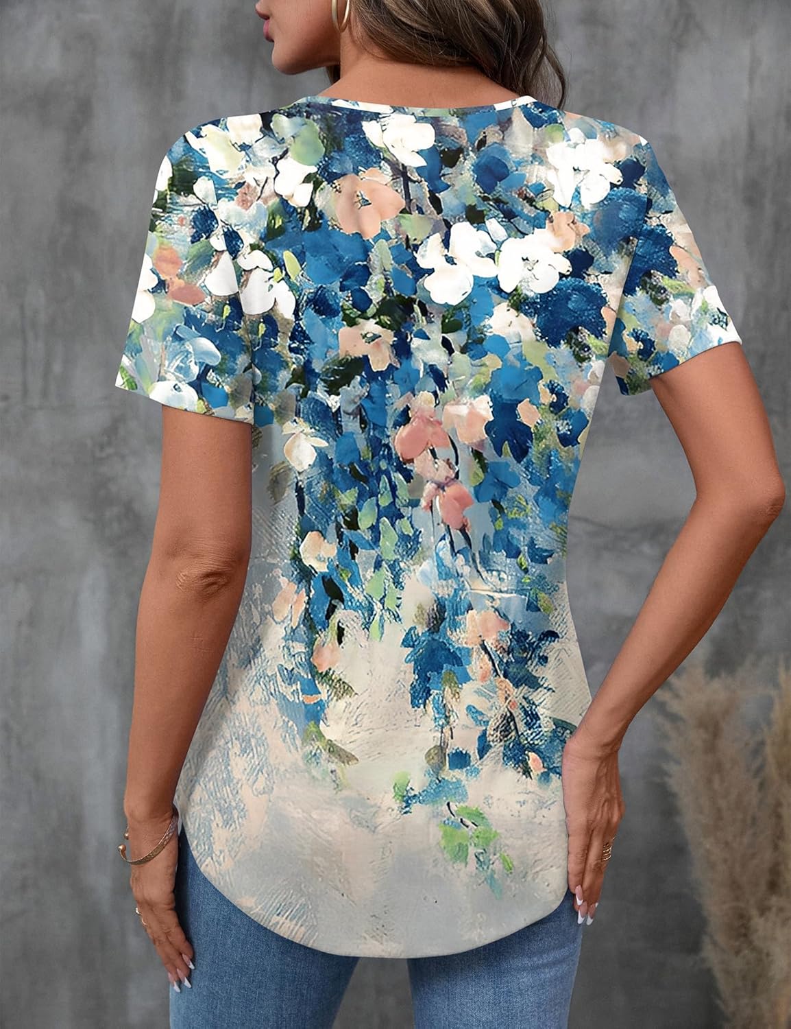 LOMON Womens Criss Cross Short Sleeve T-Shirts V-Neck Floral Summer Blouse Tops - Image 2