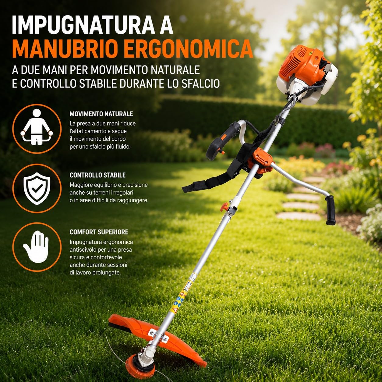 Decespugliatore a Scoppio 52cc 1.45kW 8500RPM Motore 2 Tempi con Manubrio Avviamento Elettrico con Batteria 12V e Manuale con Testina Doppio Filo e Disco tre Denti Acciaio per Erba, Giardino, Arbusti
