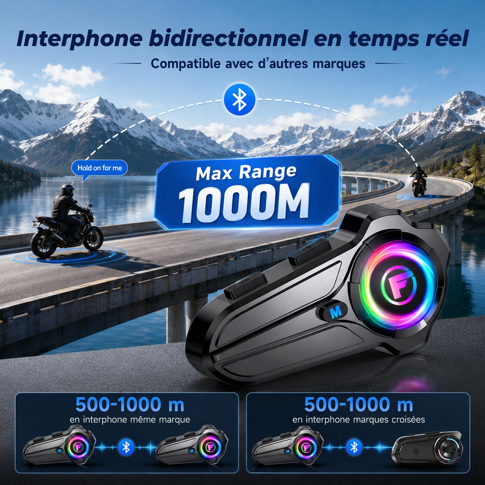 Lot de 2 F10Pro Intercom Moto Duo pour 2 Casques, Interphone Moto Bluetooth 5,3, Appairage Universel, Communication de 1000m, Réduction Intelligente du Bruit, IP67 Étanche, Mains Libres Automatique