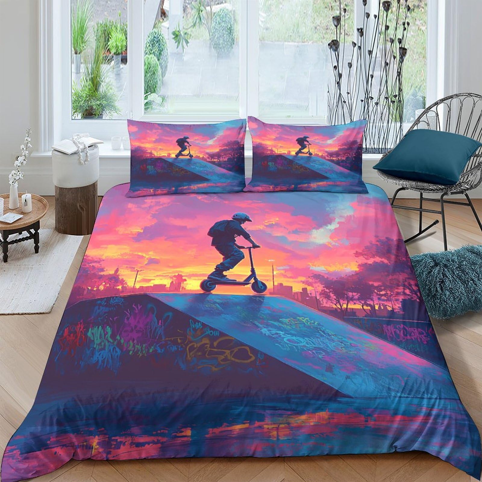 Ctjqhvkz Style-1 3D Printed Sunset Skatepark Fitted Sheet Microfiber Soft Breathable Scooter Skyline Mattress Cover For Bedroom Decor Single（135X200cm）
