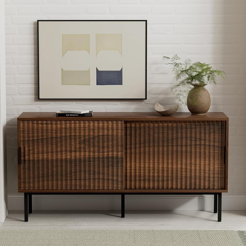 EYYTHUNG Fluted Tv Stand with Sliding Doors, 47" Mid Century Storage Cabinet with Adjustable Shelf, Wooden Media TV Console Entertainment Center for Living Room, Brown