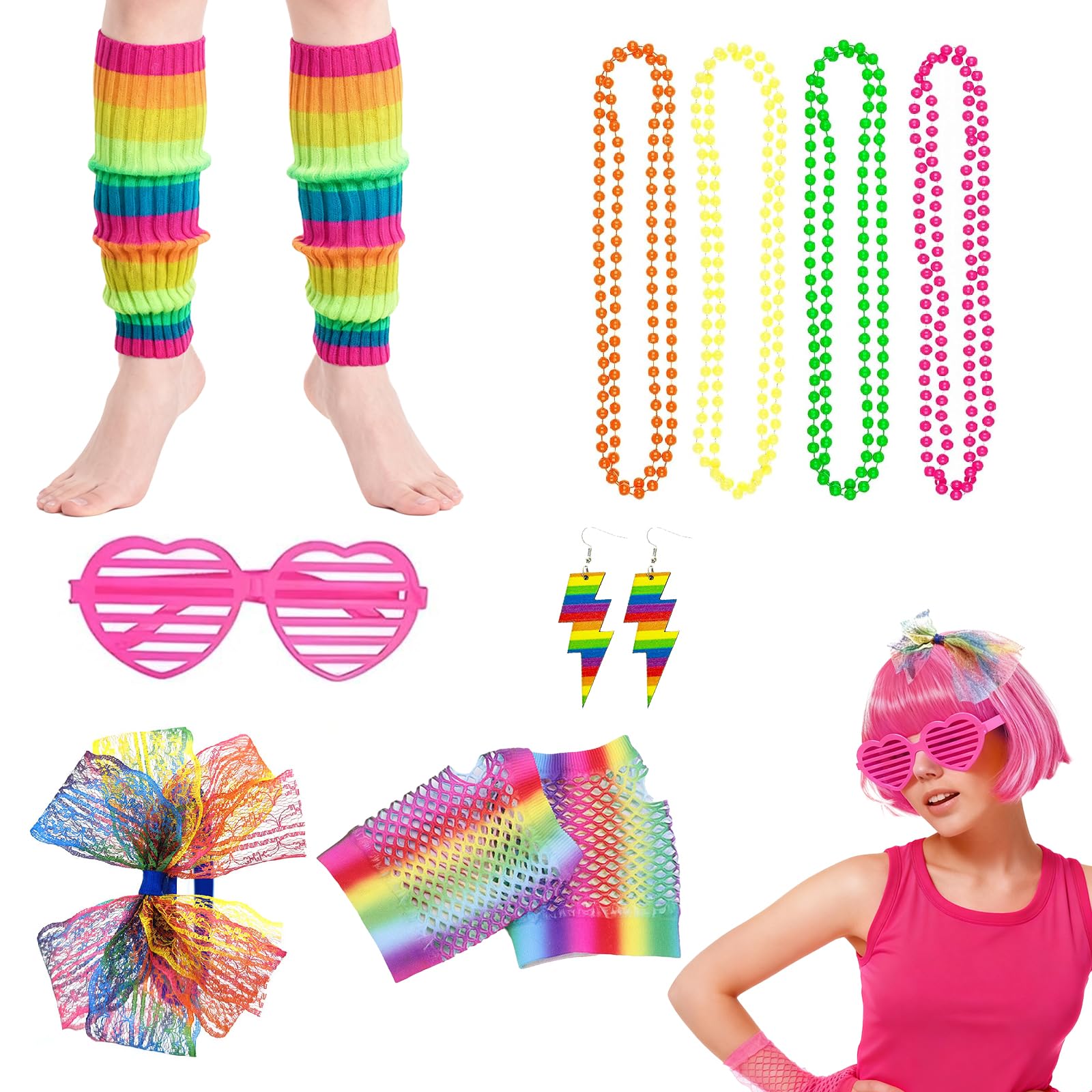 80s Fancy Dress for Women Girls,1980s Fancy Dress Costumes Accessories,80s Party Rainbow Costume Accessor Set,Neon Leg Warmers Fishnet Gloves Glasses Earrings Necklace Headband for Retro Outfit Party