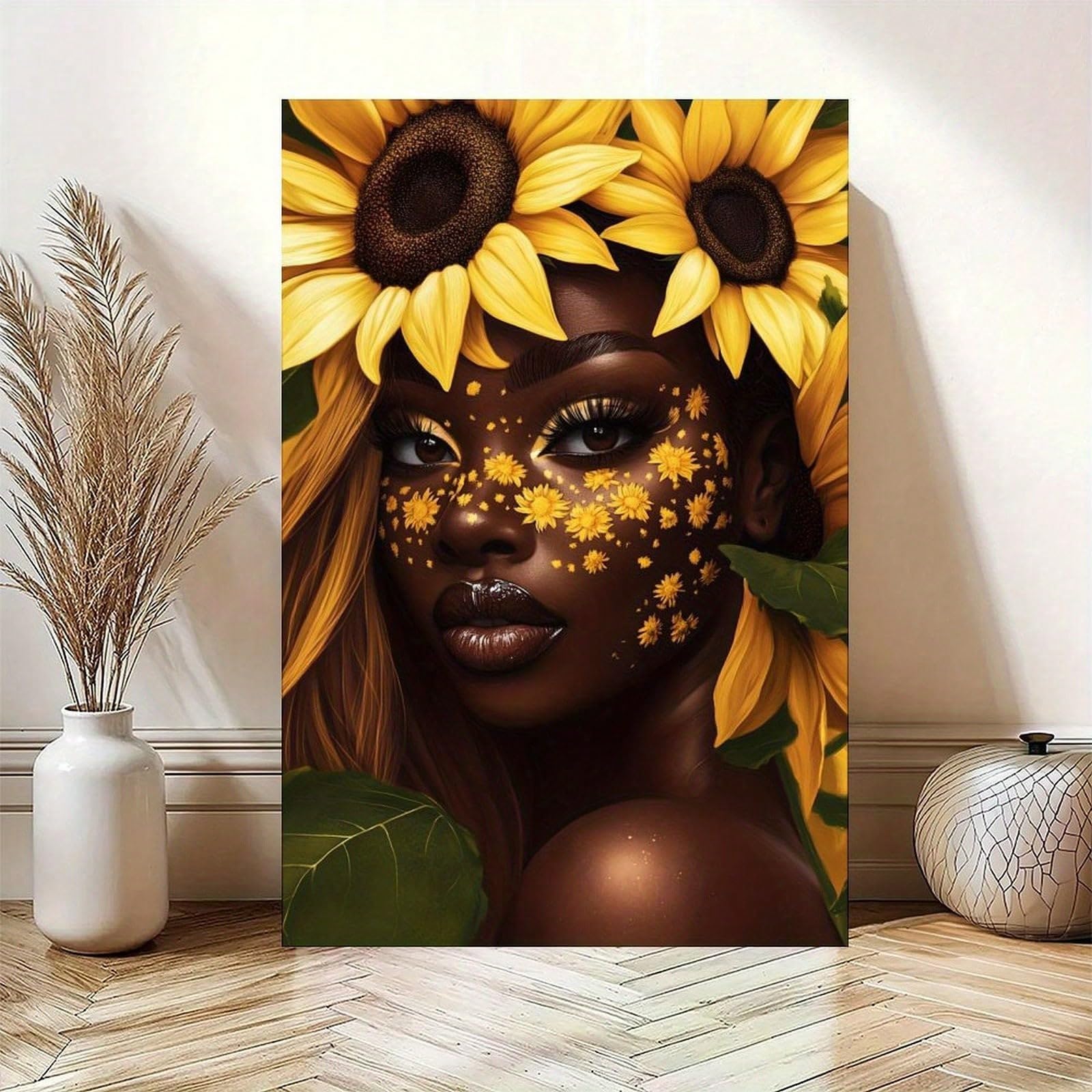 TZKBDMA Bohemian-Style Woman And Sunflower Pattern Canvas Painting, 2D Flat For Home Wall Decoration(21x30cm/Without frame)