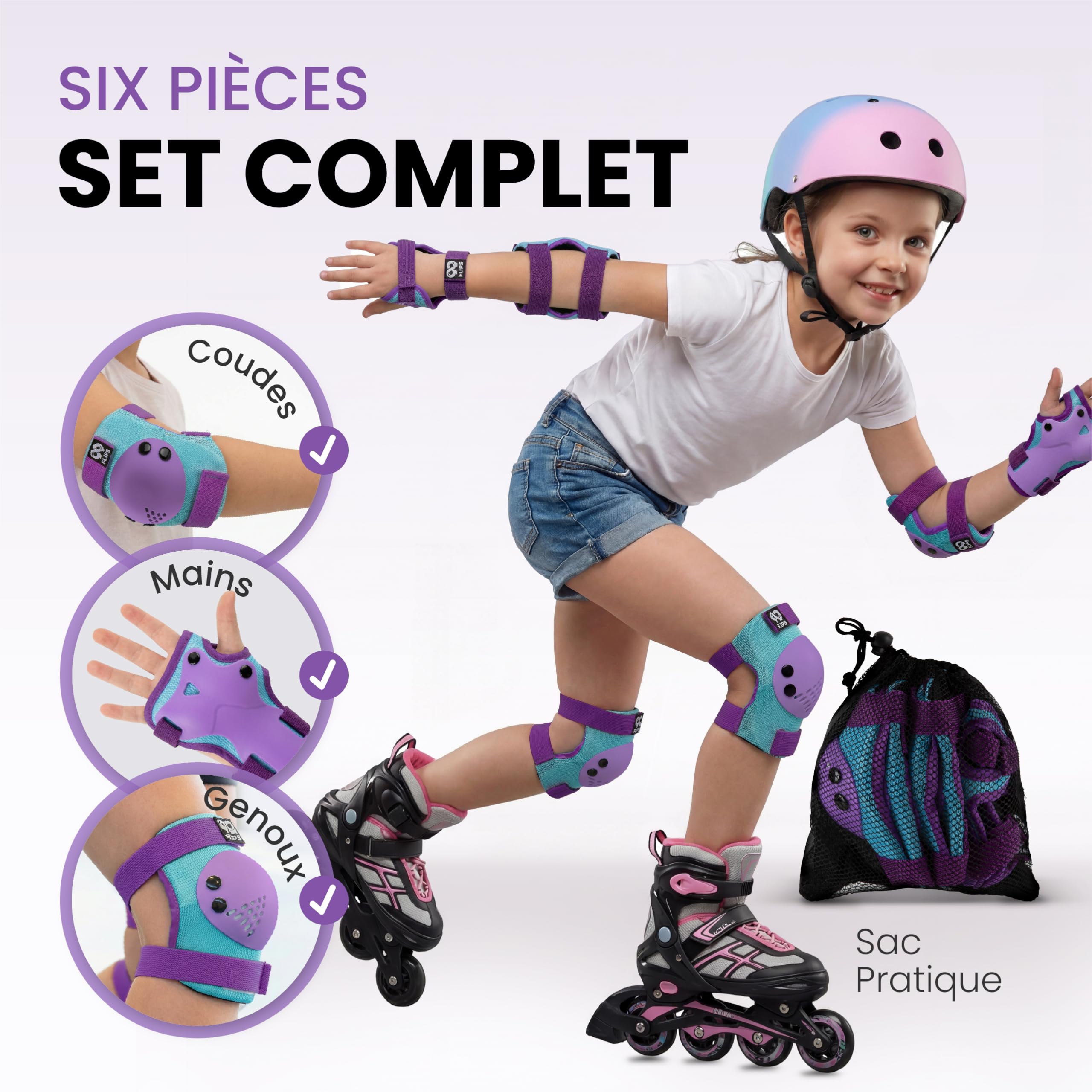 99FLIPS Protection Roller Enfant Fille 3-12 Ans - Genouillère, Coudières et Protège-Poignets [6pcs] - Protection Skateboard Trotinette, Skate & Freestyle BMX