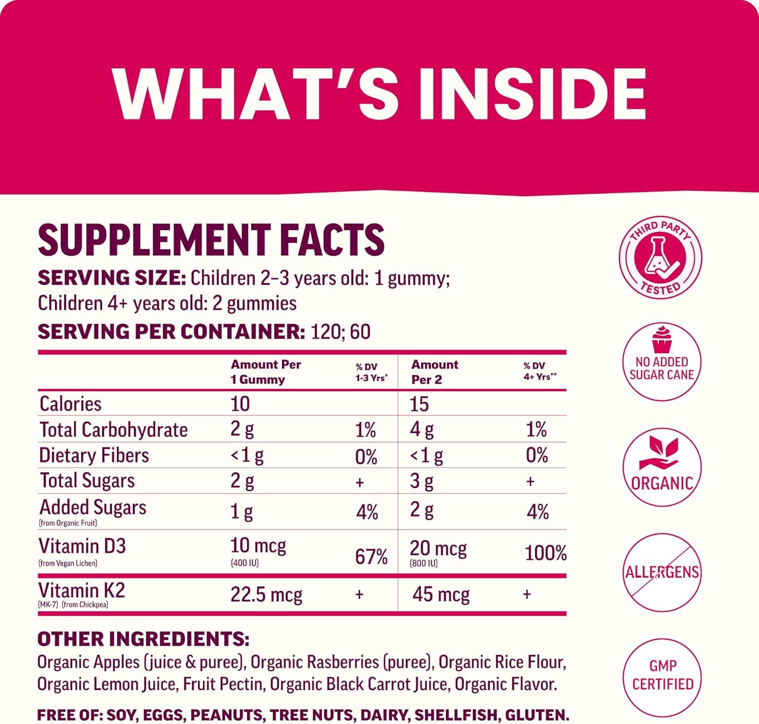 Llama Naturals Vitamin D3 K2 Gummies for Kids, Vegan, Organic, Children Toddler Vitamin D Gummies, Real Fruit Gummy Vitamins, No Added Sugar Cane, Raspberry, 120 Ct