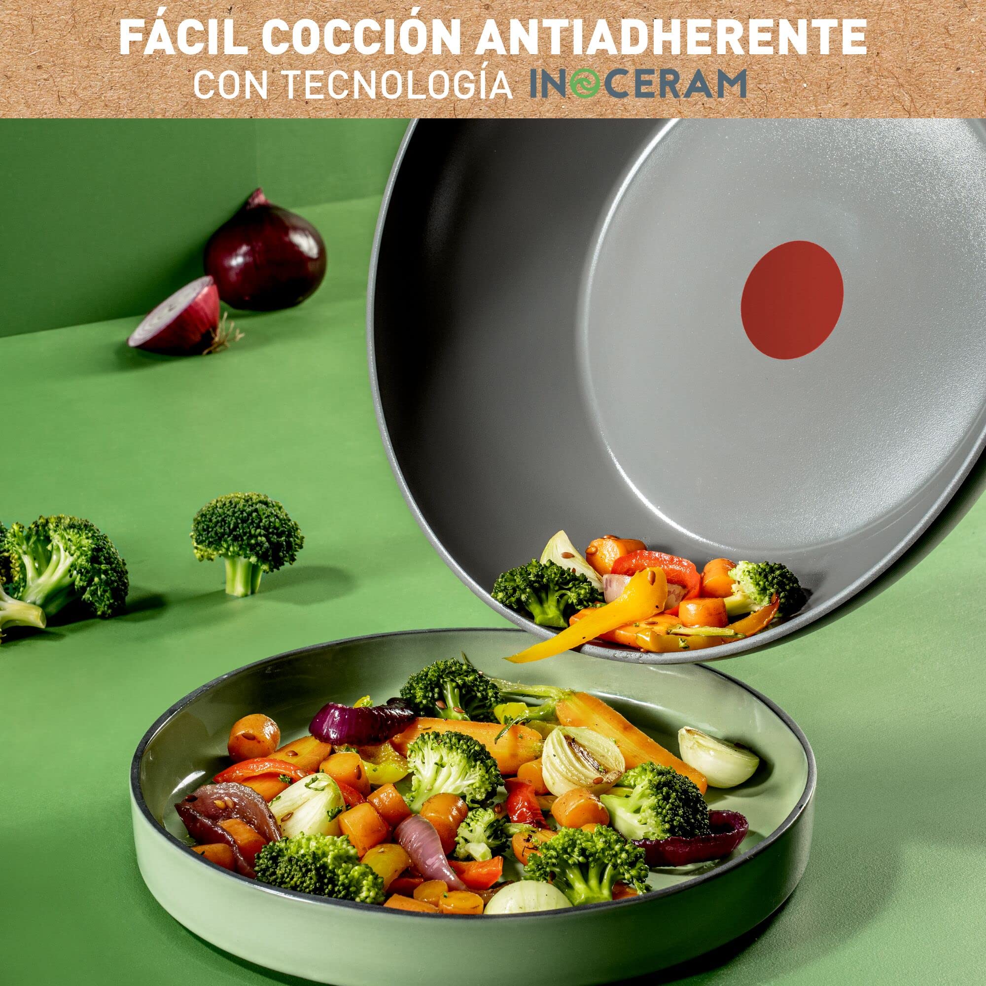 Tefal Renew On – Wok de 28 cm de aluminio 100% reciclado, revestimiento antiadherente cerámico, Thermo-Signal, embalaje 90% reciclado, todo tipo de cocinas, cocina baja en grasas