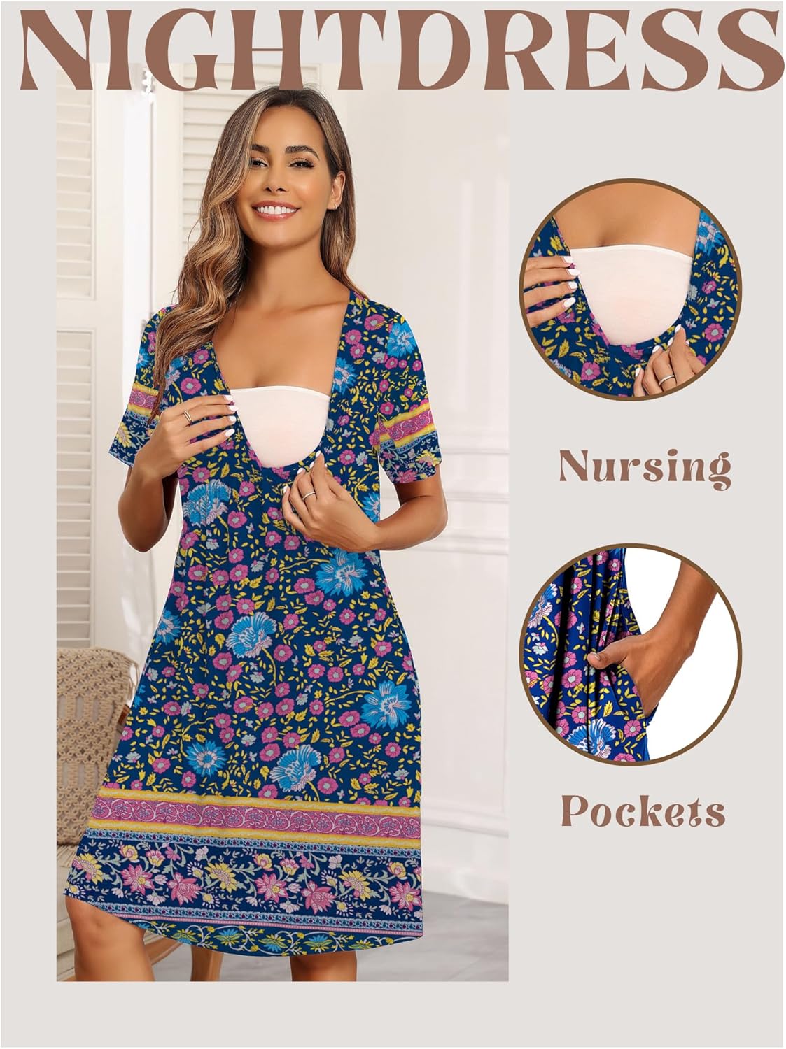 Ekouaer Womens House Dress Floral Print Nightgown with Pockets Mumu Dress S-XXL - Image 4