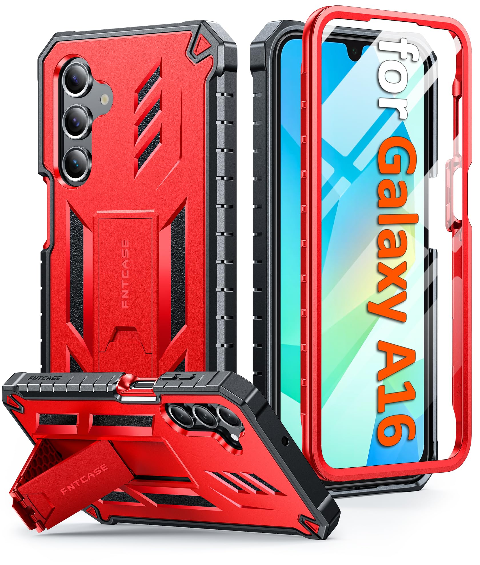 FNTCASE for Samsung Galaxy A16 5G Case: with [Built-in Screen Protector & Kickstand] [Military-Grade Drop Protection] Heavy Duty Protective Full Body Shockproof TPU Phone Cover Red