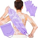 Anezus Exfoliating Back Scrubber Bath Gloves Set, Exfoliating Shower Towel with Shower Gloves for Body Scrub, Back Cleaner Wash Gloves to Remove Dead Skin (Purple)