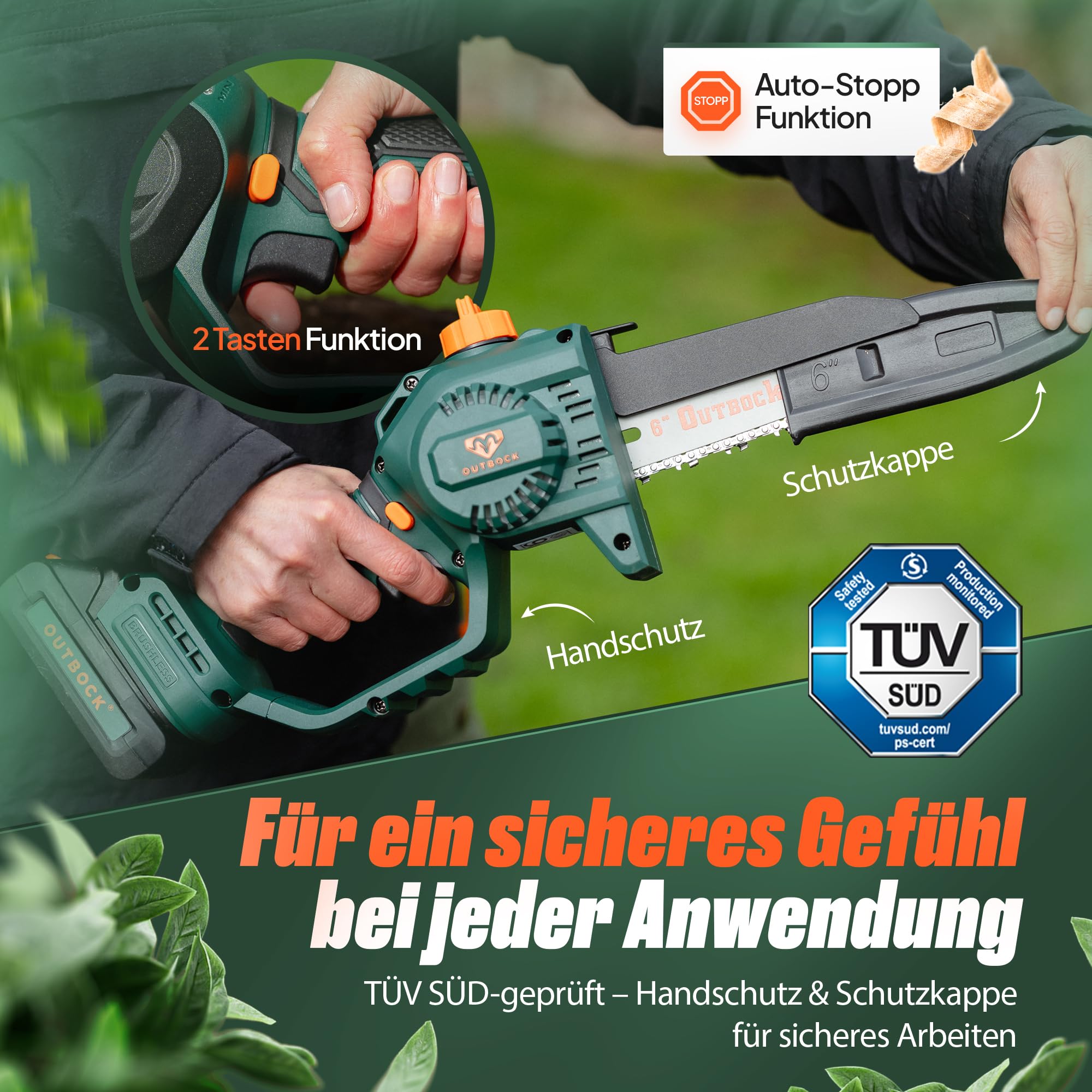 Mini Kettensäge Akku mit 2x 2.0 Ah Akkus | TÜV-Zertifizierte Einhand Kettensäge | Handkettensäge inkl. Schnelllader & Koffer | Automatische Kettenschmierung | Akku Astsäge für Gartenarbeit