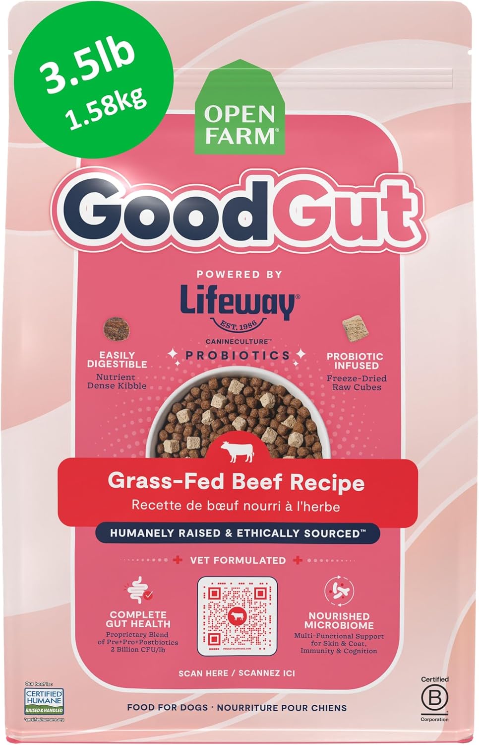 Open Farm, Goodgut Dry Dog Food with Probiotics, Veterinarian-Formulated Grass Fed Beef Recipe, 3.5lb Bag