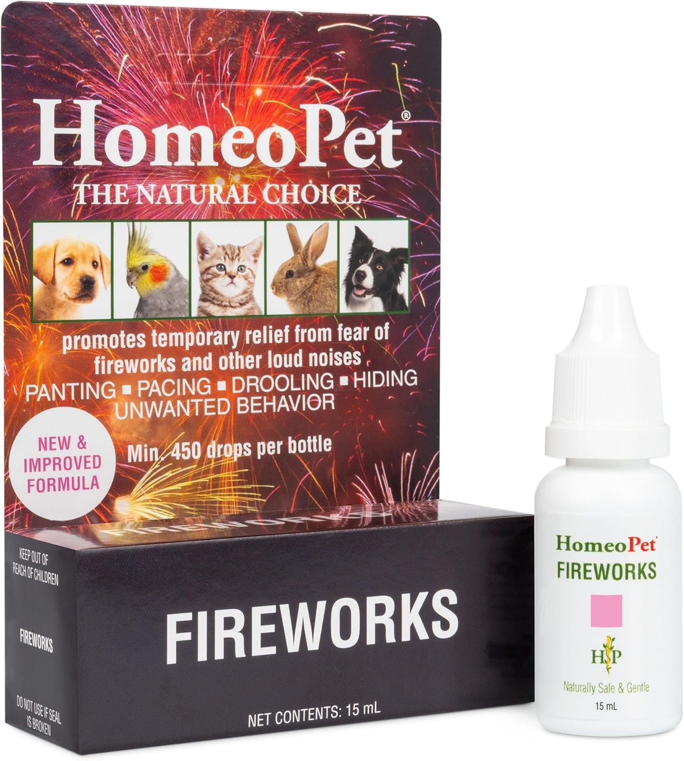 HomeoPet Fireworks, Safe and Natural Loud-Noise-Anxiety Calming Supplement for Cats, Dogs, and Other Small Animals, 15 Milliliters