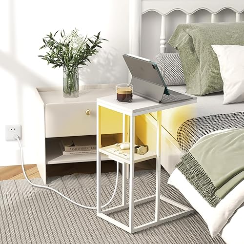 Miniatura 35 de Yoobure Mesa auxiliar en forma de C con estación de carga para sala de estar, dormitorio, mesa de sofá con puertos USB y salidas para espacios