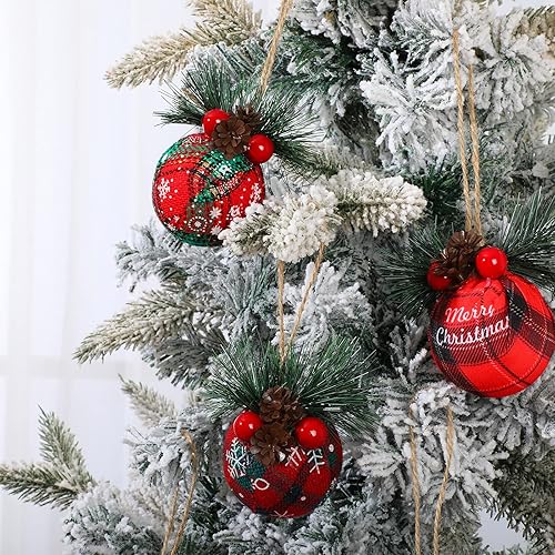 Miniatura 4 de Tegeme 16 adornos de bola de búfalo de Navidad de 3 pulgadas, bola de tela de arpillera rústica a cuadros para árbol de Navidad, adornos colgantes