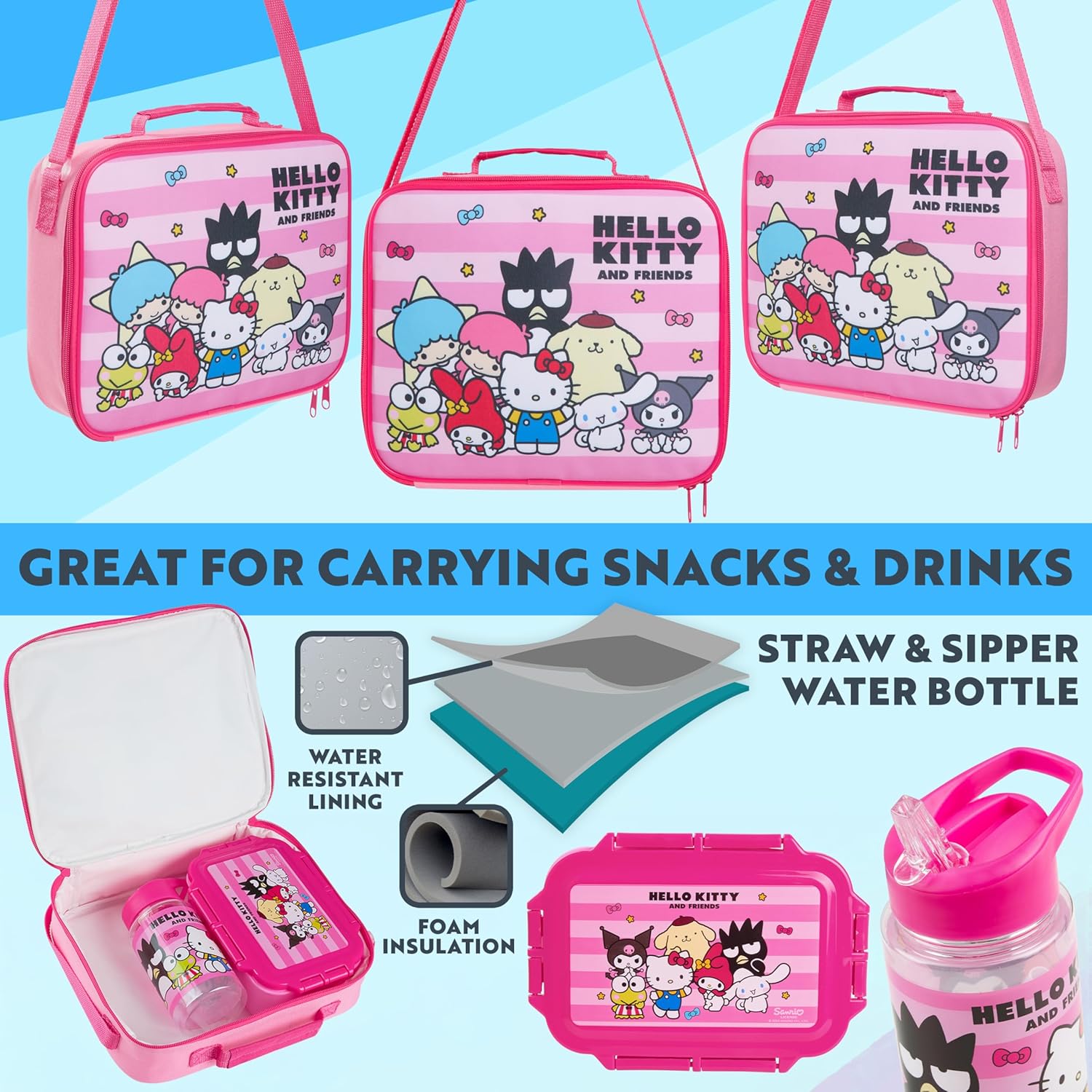 Get Trend Hello Kitty Water Bottle Lunch Box Lunch Bag Kids Set 3 Pcs Kawaii Insulated Snack Bag for School Travel Gifts for Kids (Pink Hello Kitty)