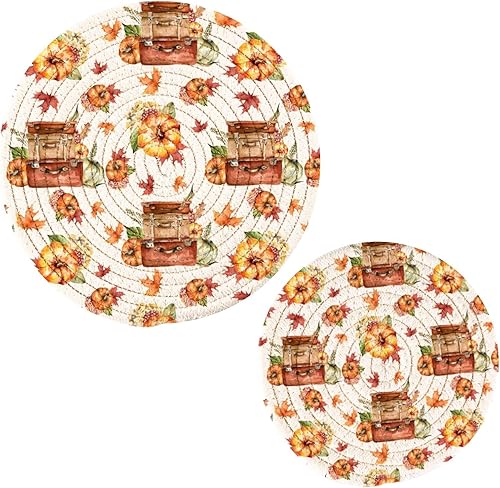 Juego de 2 soportes para ollas de cocina de otoño, calabazas, hojas, maletas, juego de 2 alfombrillas de acuarela de cosecha de otoño, 100% algodón,