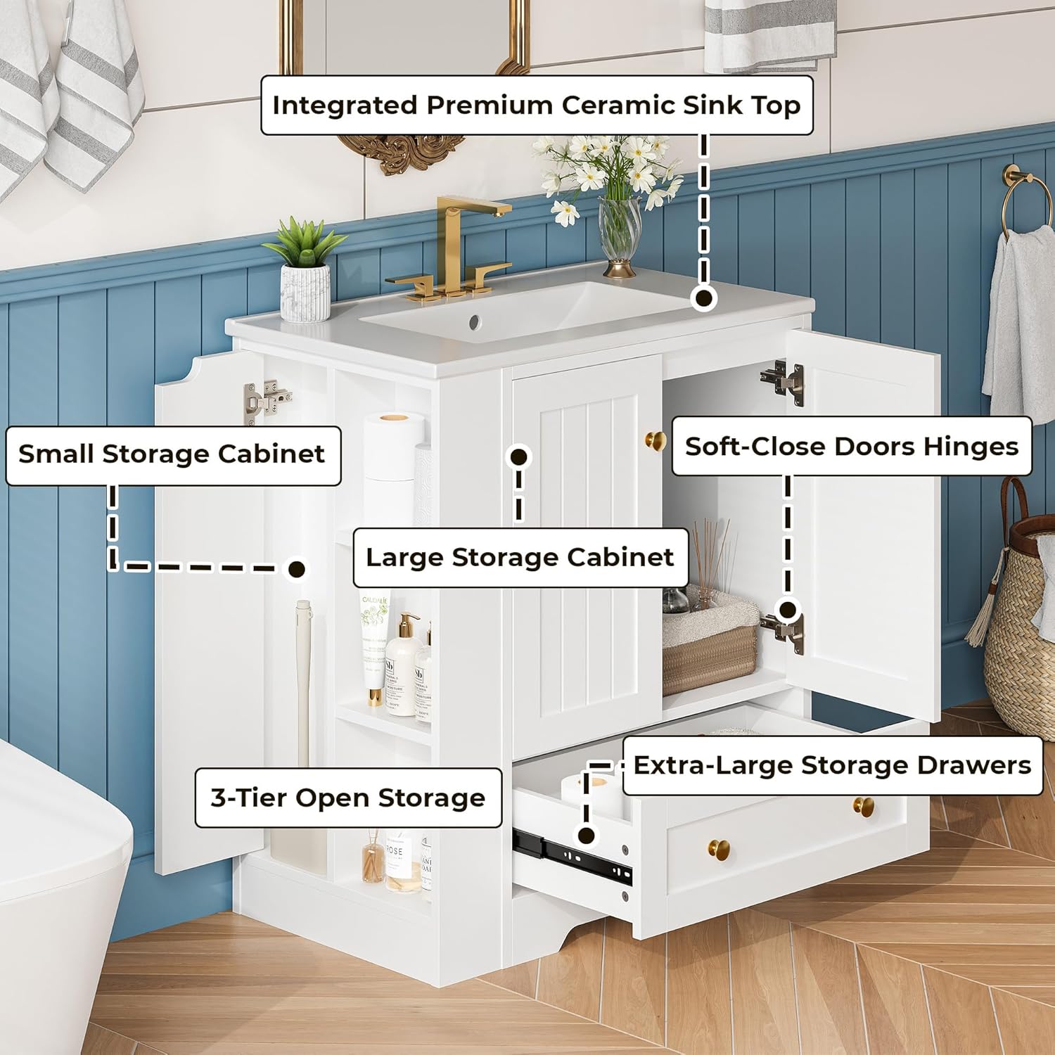 IRONCK 30" Bathroom Vanity with Ceramic Sink, Bathroom Storage Cabinet with Doors & Drawers & DIY Side Storage, Pedestal Sink Combo Set, White