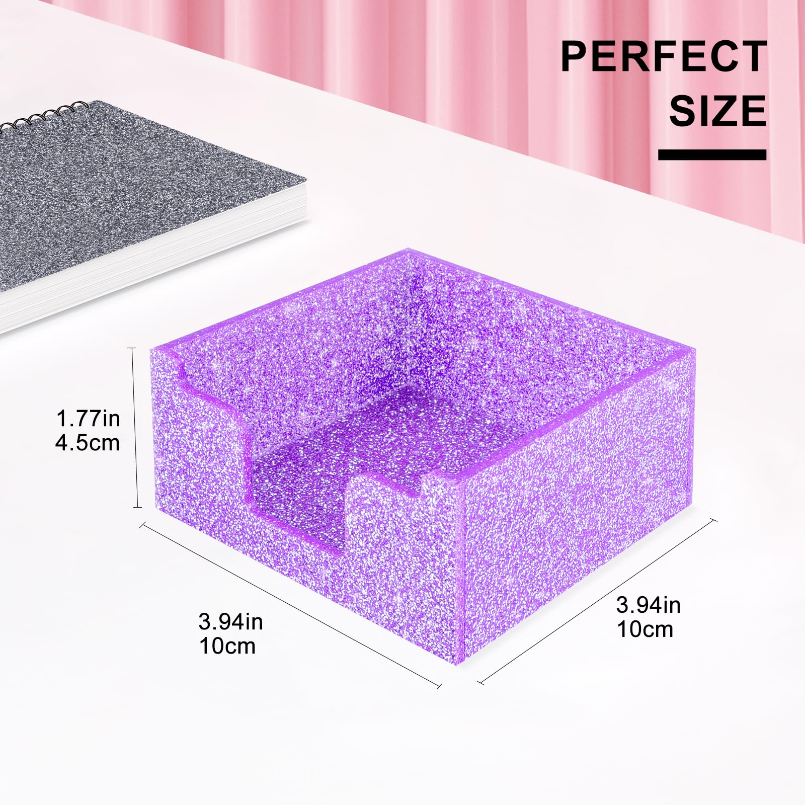 Rouidr Acrylic Sticky Note Holder, Self Stick Note Pad Holder, 3.94 x 3.94 Inch Glitter Memo Pad Dispenser Organizer for School Office Home Desk Supplies, Purple