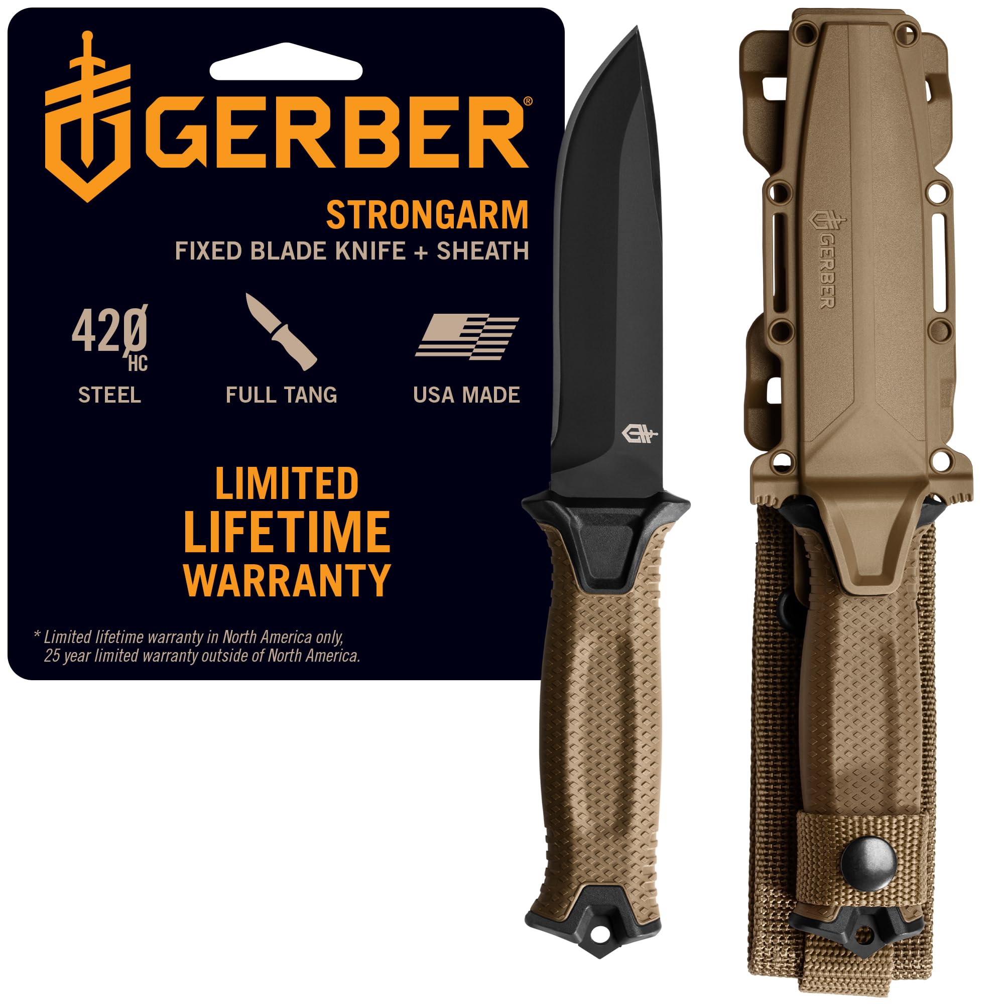 Gerber Gear StrongArm Knife - Fixed Blade - Tactical Knife for Survival Gear - Full Tang, 420HC Steel Blade - Camping Survival Knife - Made in USA - Plain edge, Coyote Brown