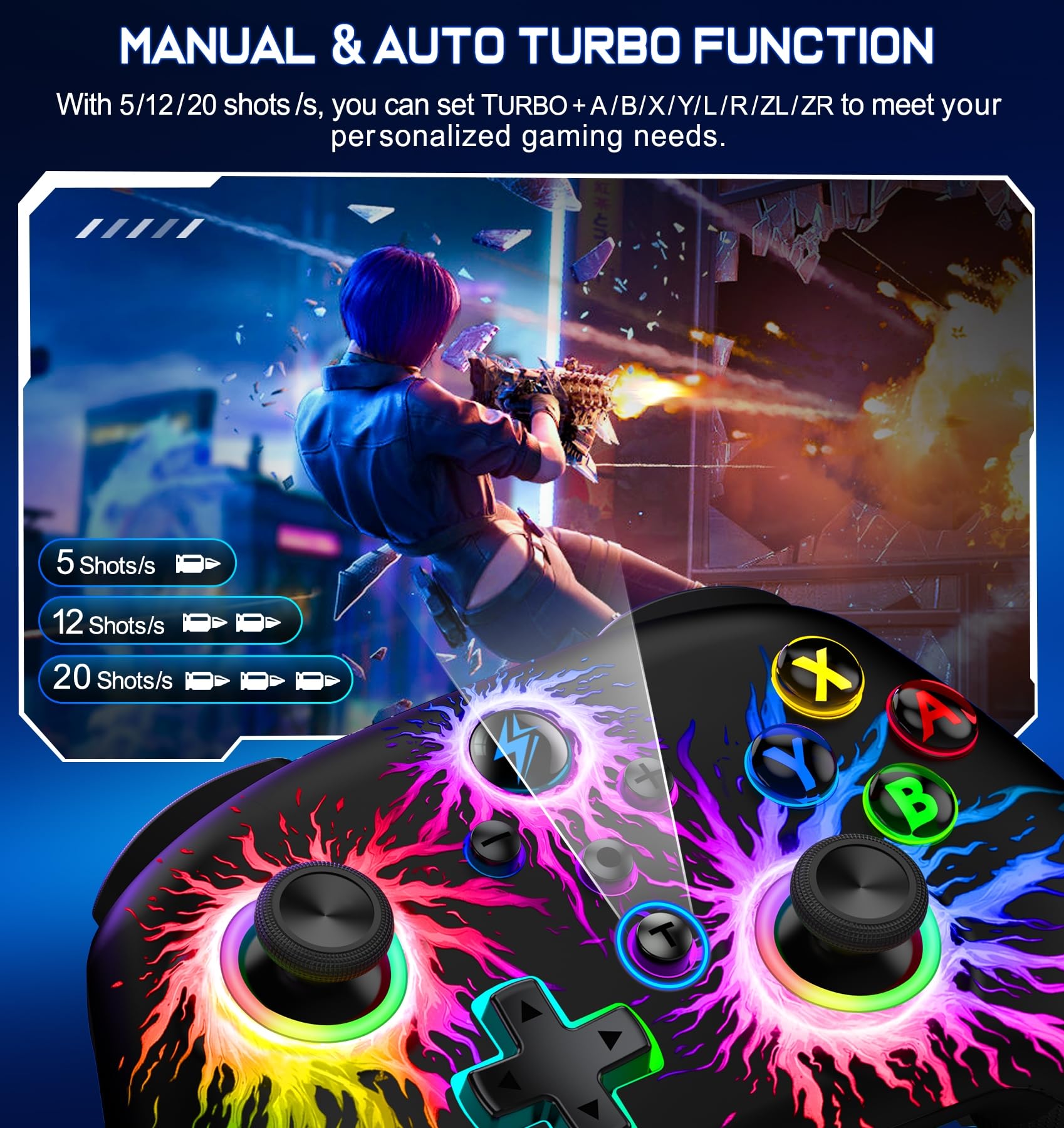 Controller wireless per Nintendo Switch Controller/Switch Lite/OLED, RGB Switch Pro Controller supporta iOS/Android/PC, Switch Gamepad remoto con Macro/Turbo/Motion Control/Vibrazione/Wake Up