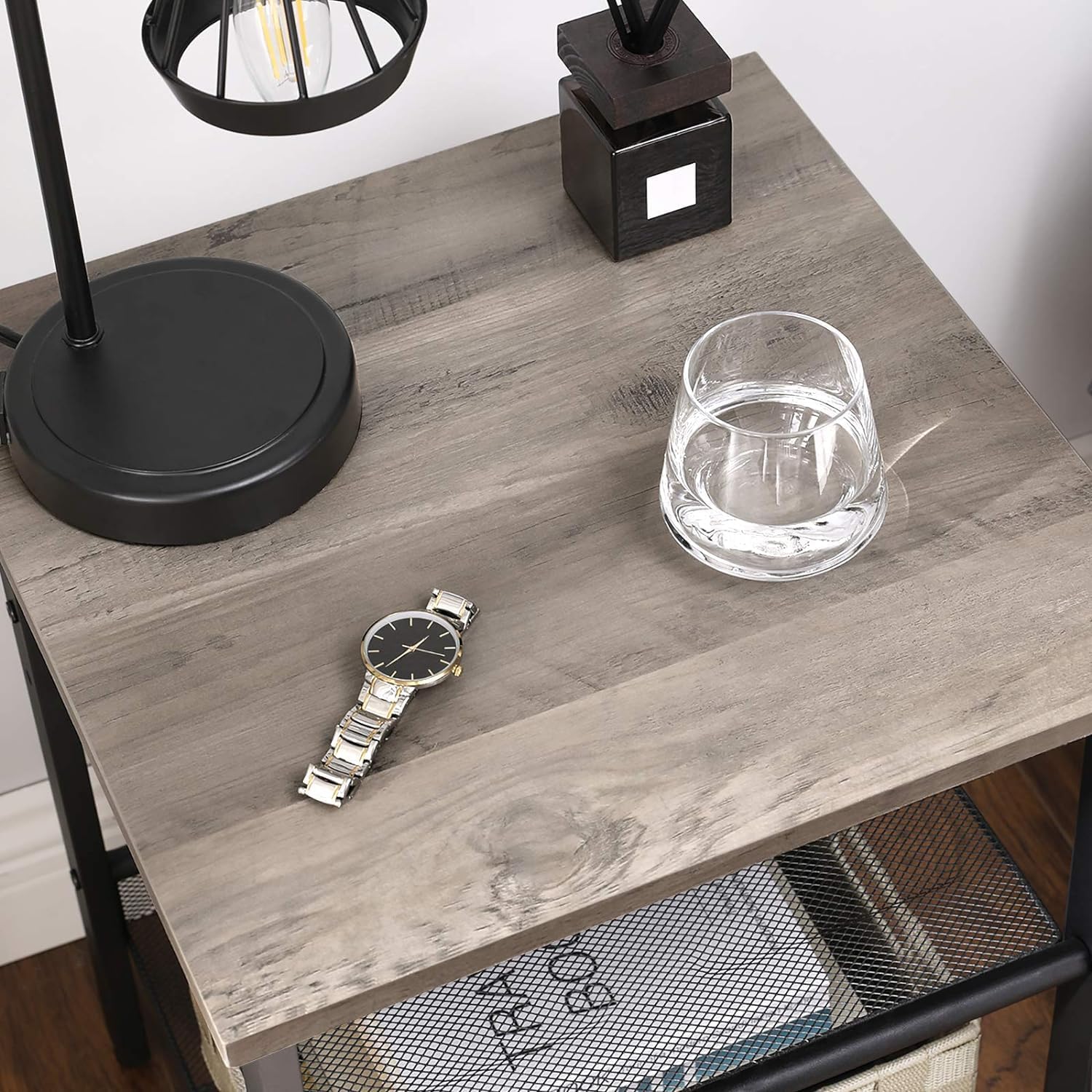 VASAGLE INDESTIC End Table, Nightstand with 2 Adjustable Mesh Shelves, Industrial Side Table for Living Room, Stable Metal Frame, Easy Assembly, Greige and Black ULET023B02