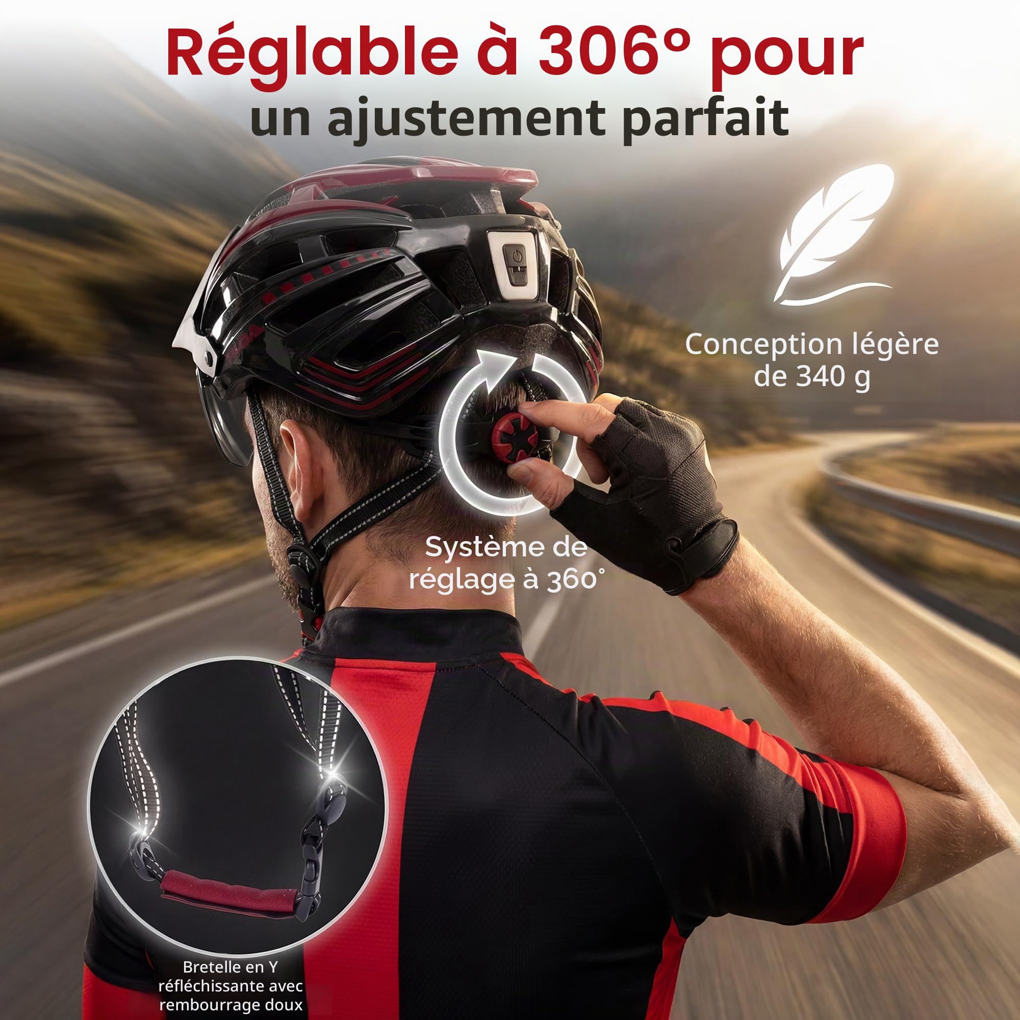 RLQA Casque Velo Homme Femme VTT Route Visière Magnétique Détachable Lunettes 24 Aérations Feu arrière LED Taille Réglable 58-61 cm Noir Rouge