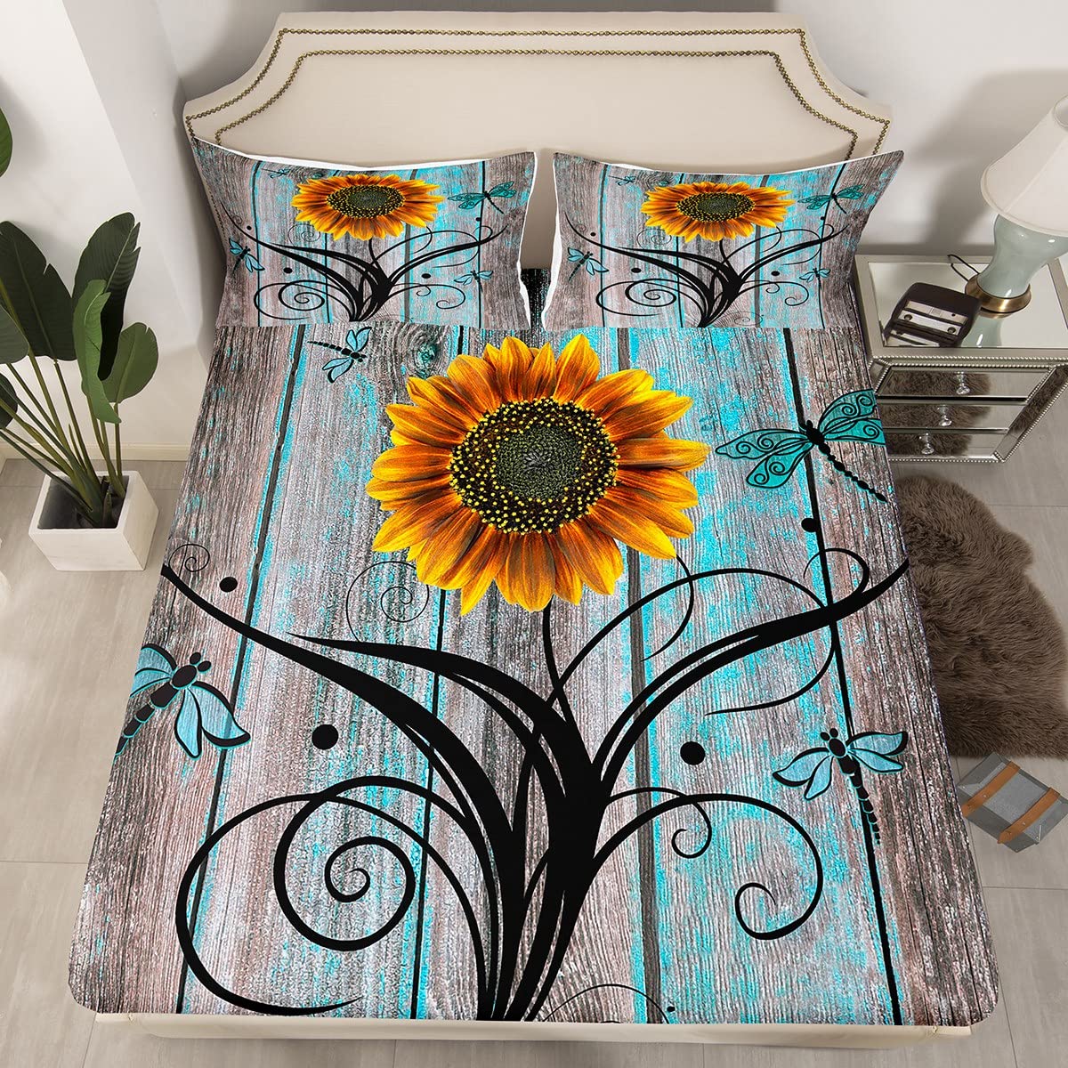 Set di biancheria da letto con girasoli gialli e girasoli, con stampa di girasoli, 1 copripiumino e 2 federe (king size, girasoli