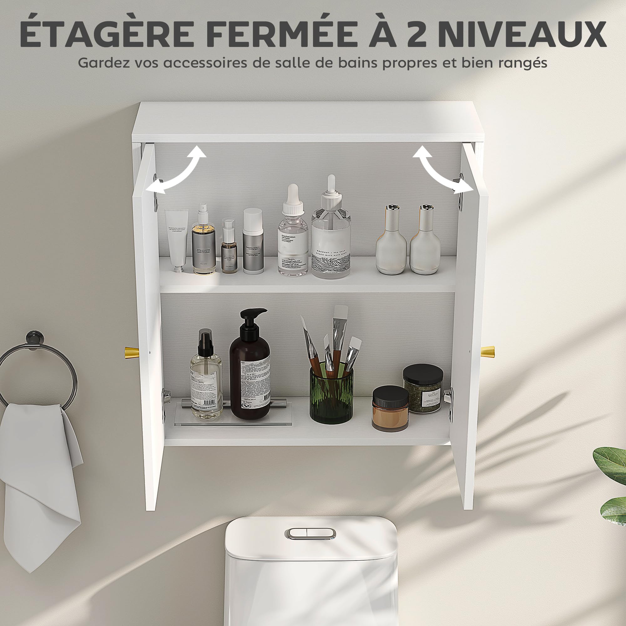 HOMCOM Armoire Murale, Meuble Haut Salle de Bain Style Moderne avec Placard à Double Porte et poignées dorées, Meuble de Salle de Bain Suspendu, 60 x 20 x 60 cm, Blanc