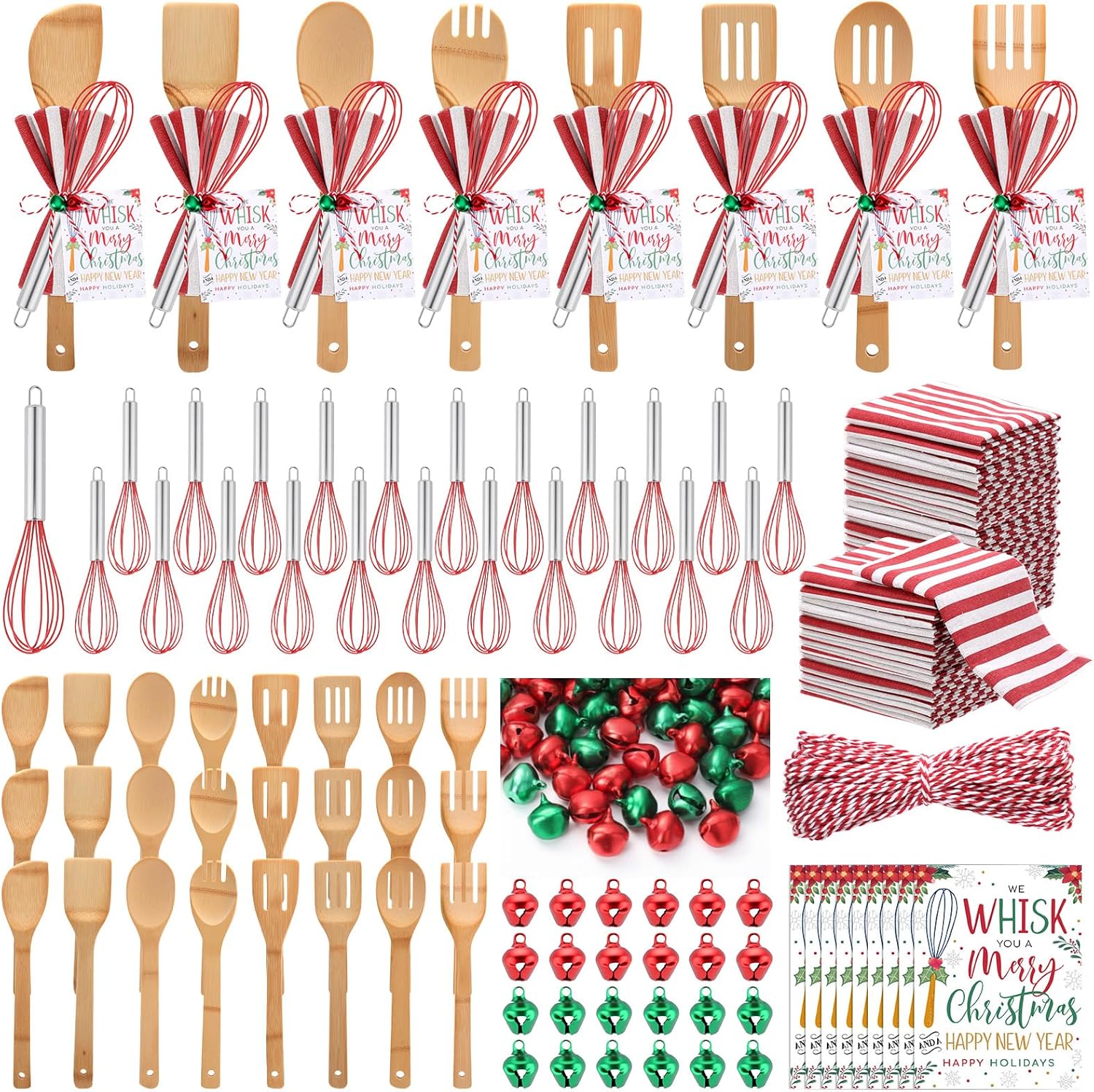 24 Set Christmas Whisk Kitchen Utensils Supplies Gifts Sets Christmas Spatulas Stainless Steel Whisk Bamboo Spoons Towel Greeting Card Bells for Xmas Cooking Employee Stocking Stuffer