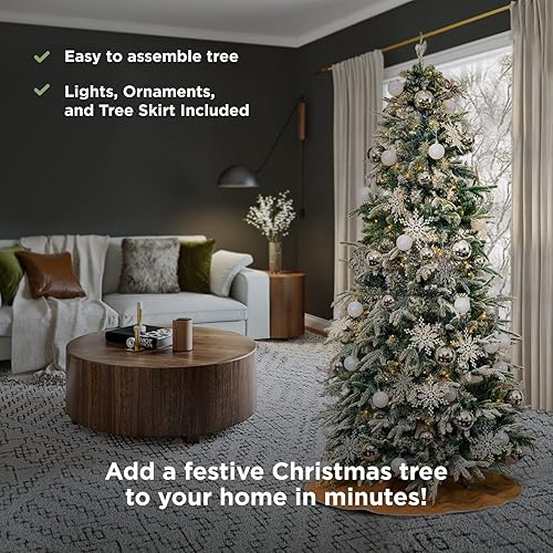 Miniatura 2 de Árbol de Navidad flocado de 6 pies con luces pino preiluminado con 250 luces LED 102 adornos y falda de árbol de arpillera incluidos plegable para