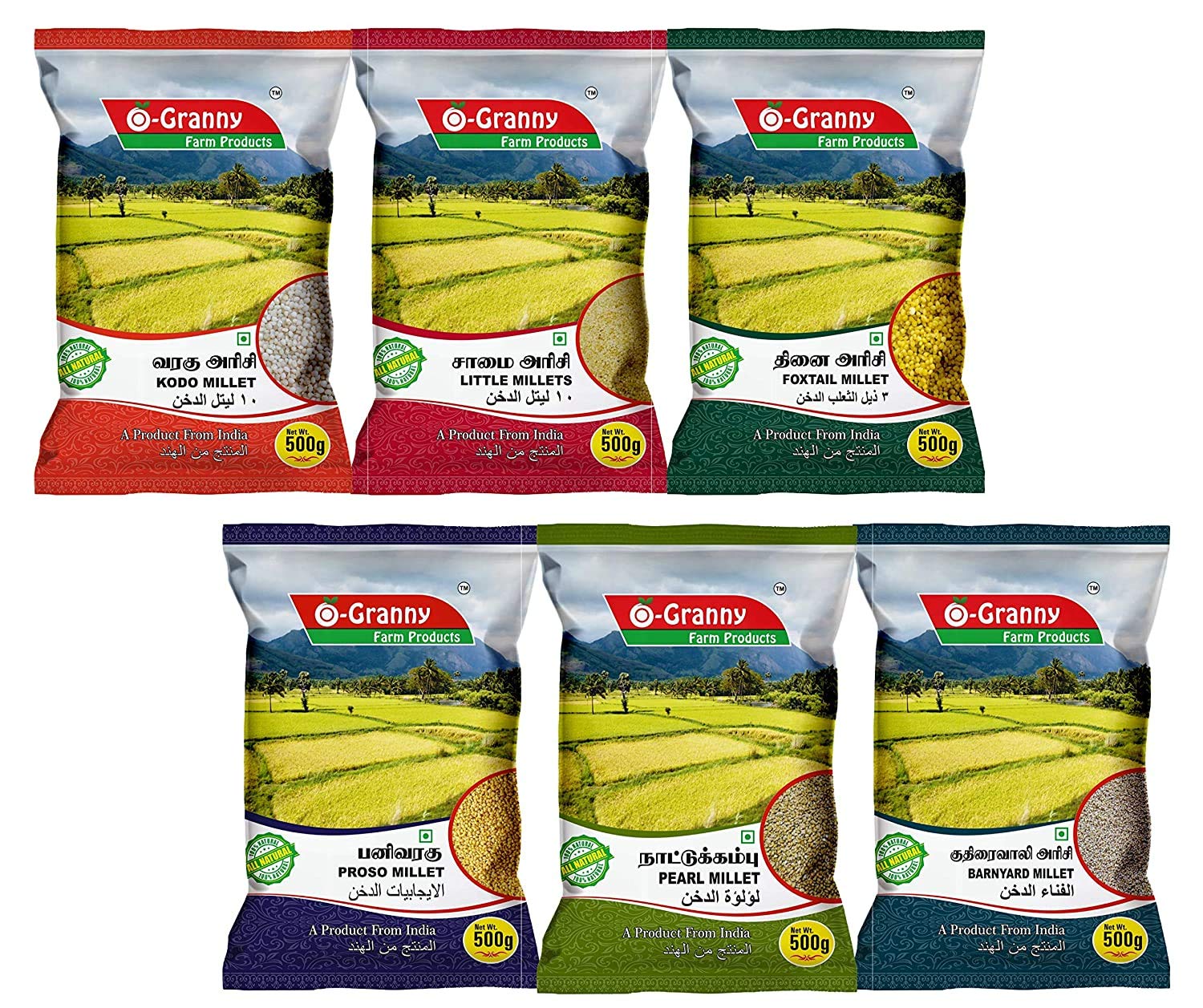 Ogranny Farm Products - Mixed Millet Combo - Natural & Organic Grains Combo Pack of 6 | Kodo Millet 500g | Proso Millet 500g | Pearl Millet 500g | Little Millet 500g | Foxtail Millet 500g & Barnyard Millet 500g, High Protein & High Fiber Rice, Perfect For Diets & Daily Use