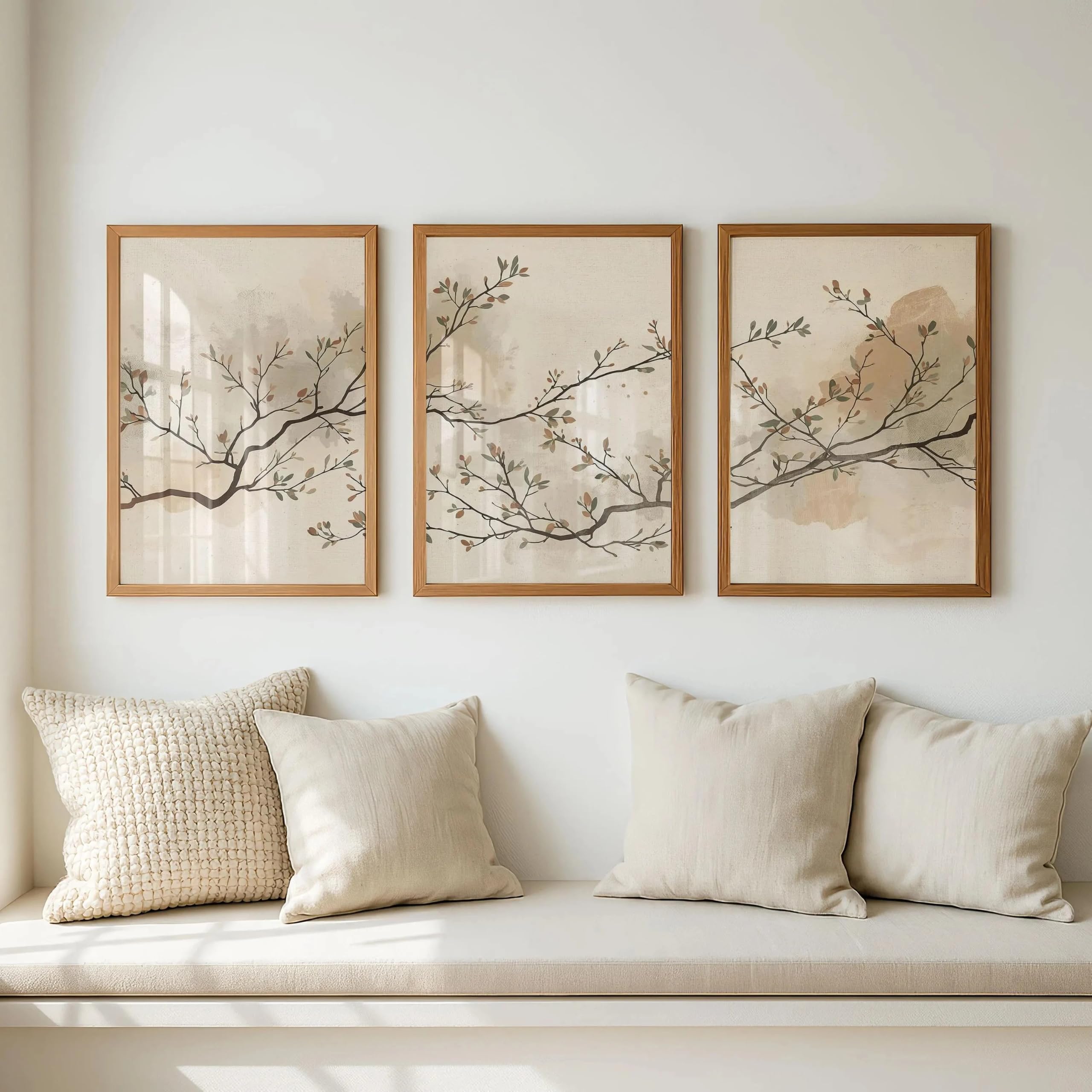 DAMAIART Tableau botanique neutre, triptyque mural japonais, décoration minimaliste japonaise scandinave, tableau beige taupe olive (40 x 60 cm x 3 / cadre intérieur)