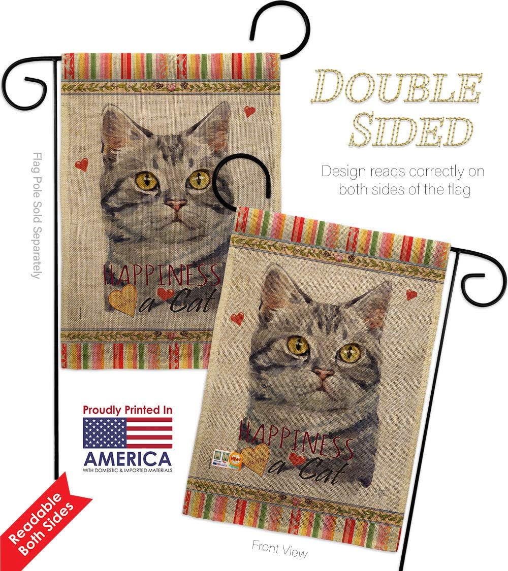 Red American Short Hair Happiness Burlap Burlap Garden Flag Set Wall Hanger Animals Cat Kitten Meow Spoiled Paw Fur Pet Nature Farm Animal Creature Small Gift Yard House Banner Double-Sided 13 X 18.5