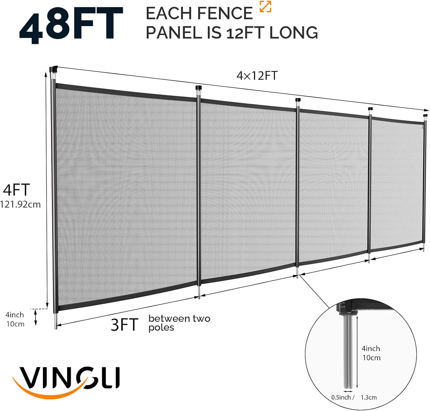 VINGLI Pool Safety Fence for Inground Pools, Black Aluminum Pool Fence with Solar Powered Garden Lights, Night Warning & Decor, Removable Child & Pet Barrier (4 FT × 48 FT)