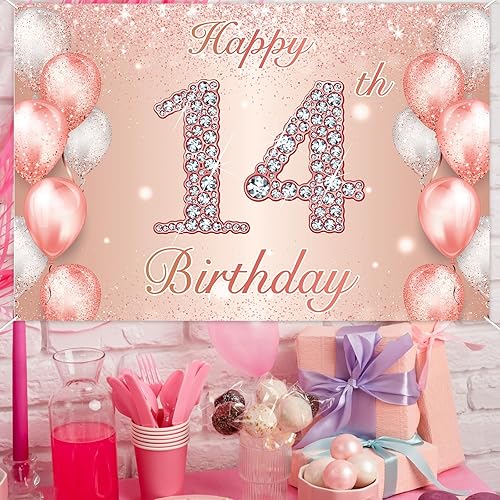Miniatura 6 de Cartel de feliz cumpleaños número 14 de oro rosa, globos de confeti para niñas de 14 años, decoración de fiesta de cumpleaños rosa, suministros de