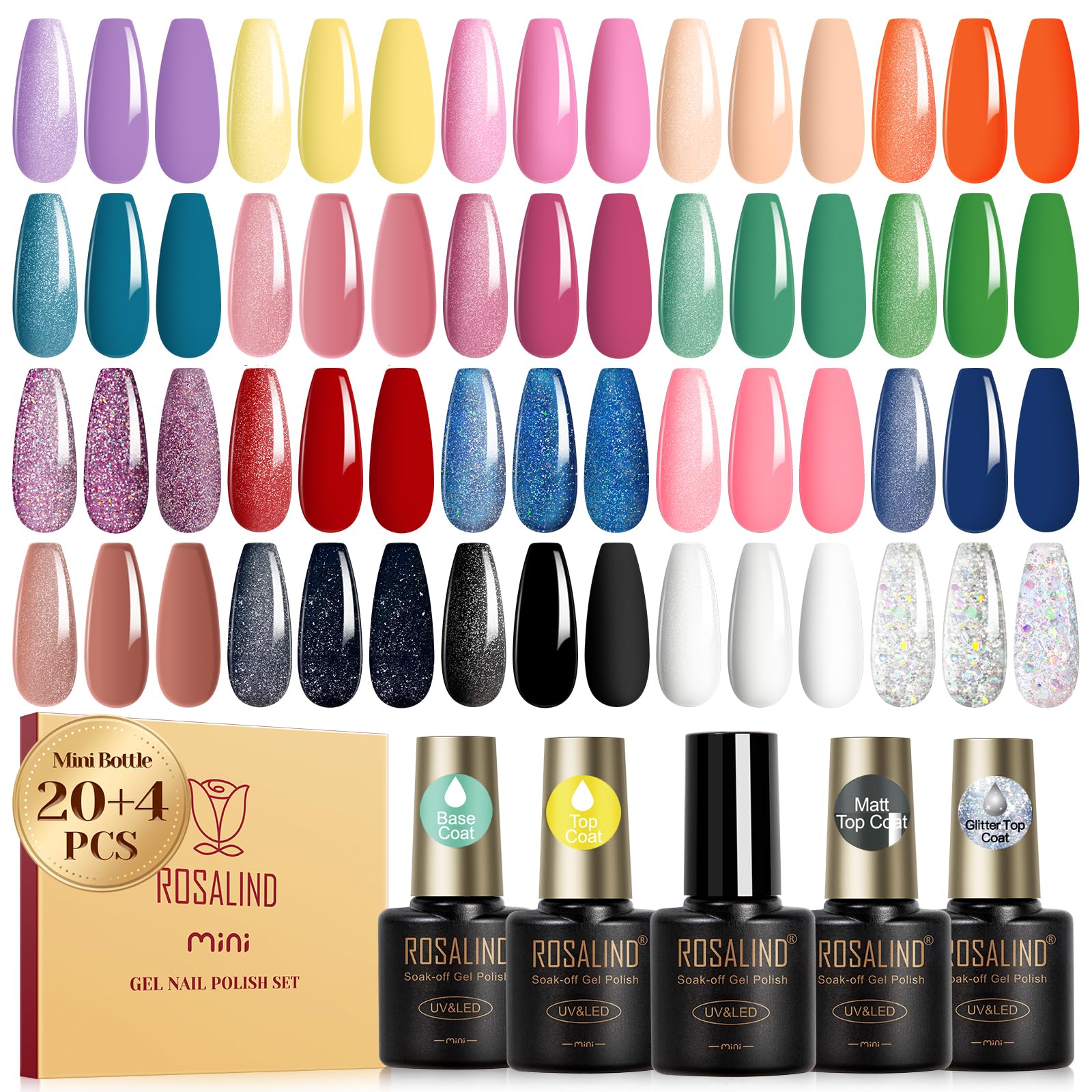 ROSALIND Esmaltes Semipermanentes Para Uñas, 24 Piezas Amarillo Morado Verde Azul Rosa Colores Pintauñas Semipermanentes con Base Top Coat, Mate y Purpurina Top Coat UV LED Nail Art Manicure