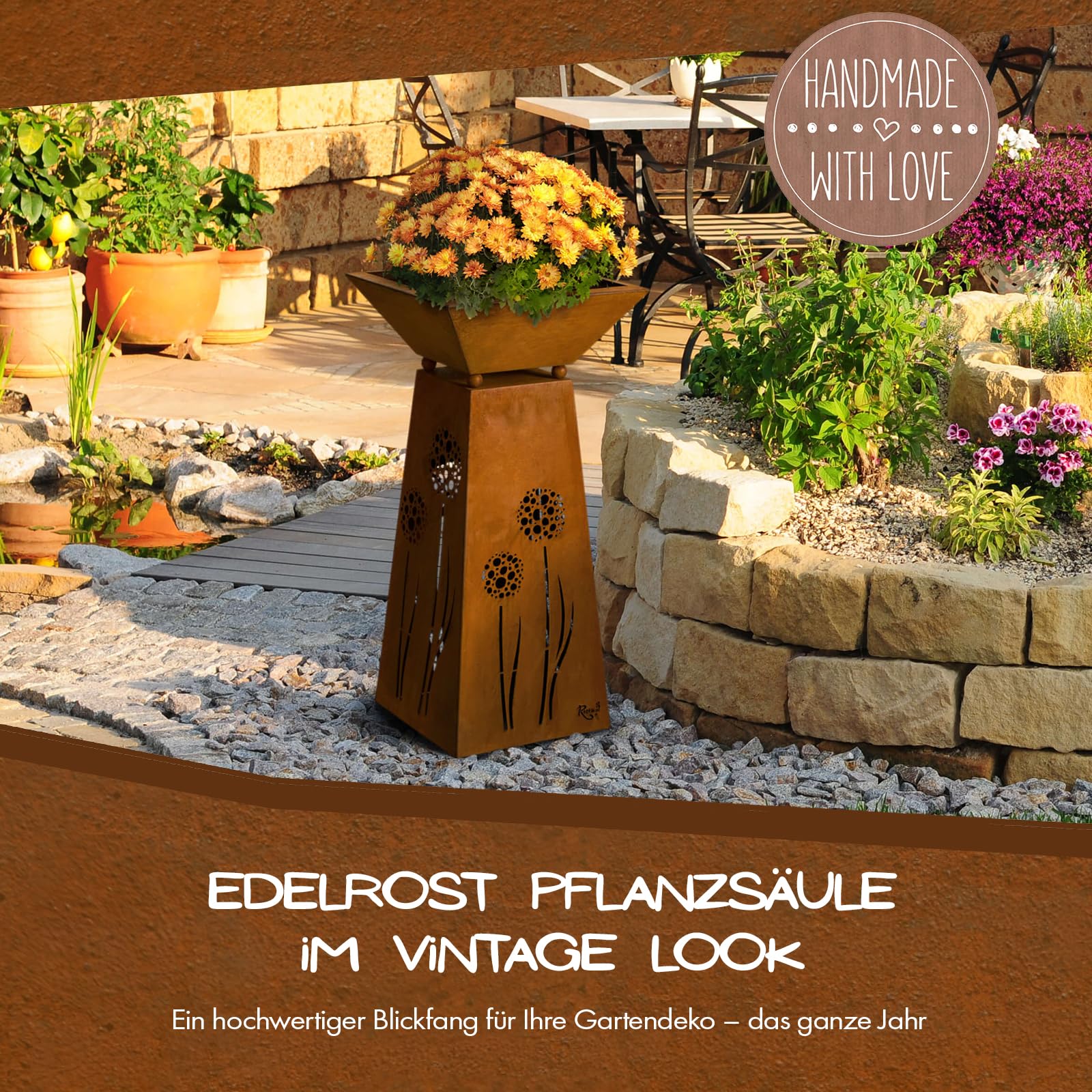 Rostikal Blumensäule Outdoor Metall - 72 cm - Pflanzsäule mit Schale Abnehmbar - Handgefertigte Edel-Rost Gartendeko - Wetterfeste Deko für Frühling, Garten, Wohnzimmer, Balkon | Outdoor Pflanzständer und Blumenständer aus Metall - Rostsäule, Dekosäule fü