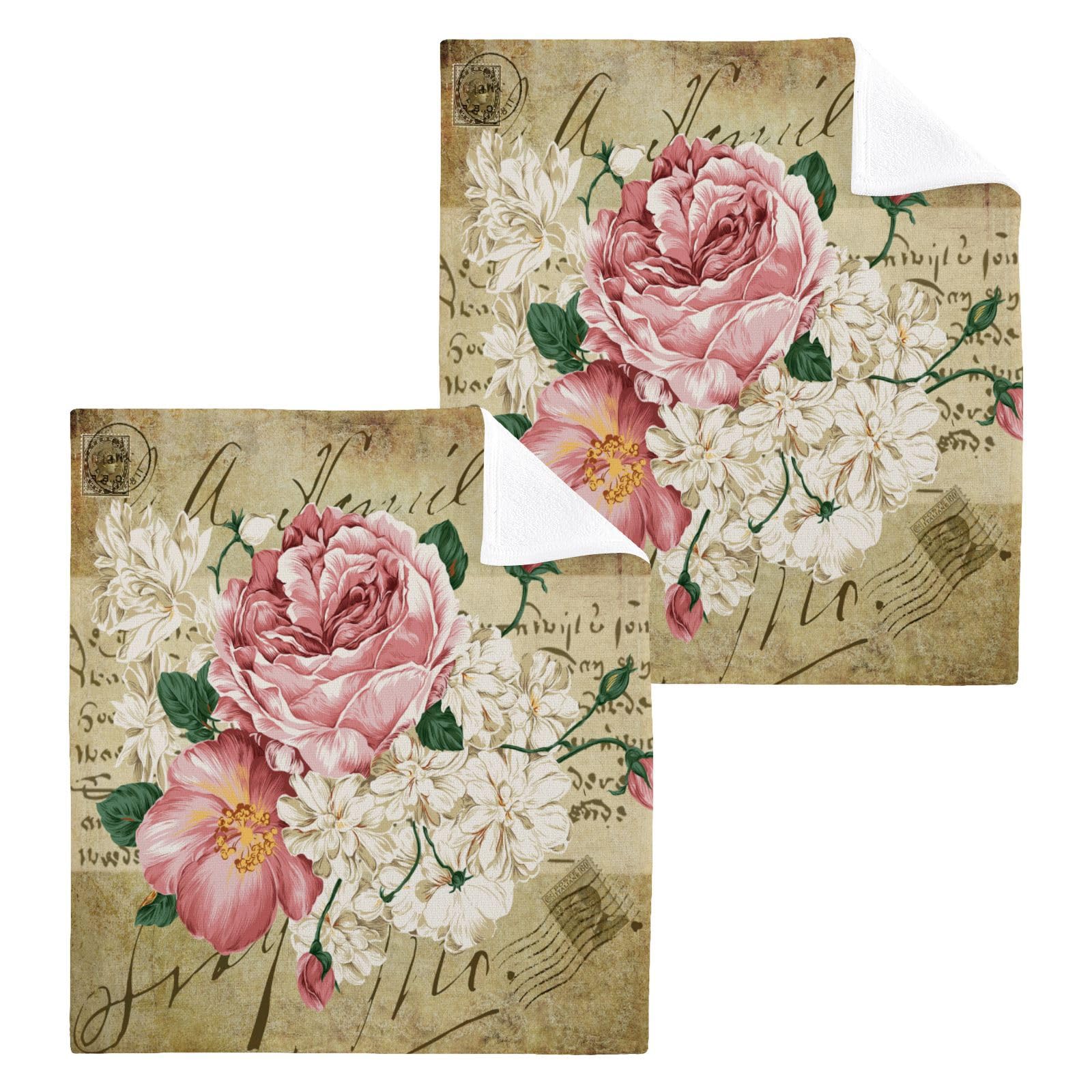 ISAOA Vintage Shabby Chic Pink Rose Flowers Soft Hand Towels Cotton Washcloths Face Cloth Fingertip Towels Set Quick Dry Guest Towels,Pack Of 4,30 x 30 CM