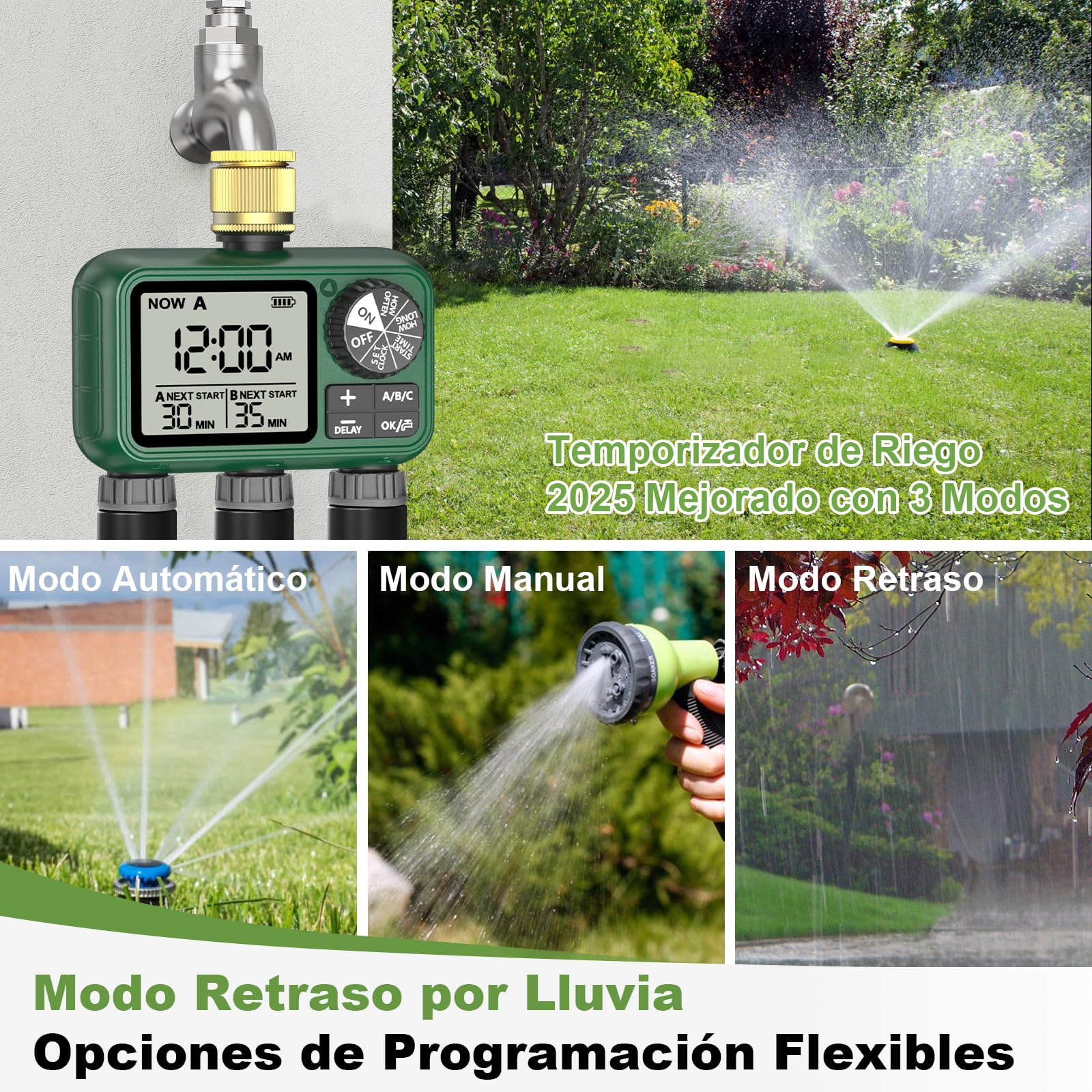 Programador Riego 3 Salidas con Entrada de Latón, Pantalla LCD Grande, Temporizador de Riego Automatico con Retraso por Lluvia, Riego Automático/Manual, Programador de Riego para Jardín Césped