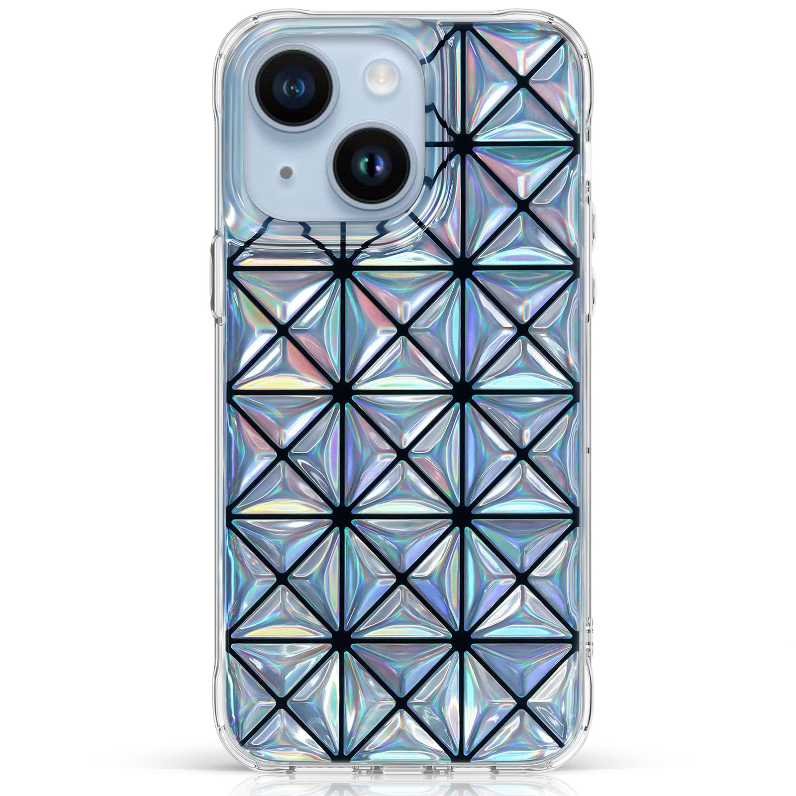 KINGXBARfor iPhone 14 Plus Case for Women Girls Cute 3D Shockproof Clear Protective Phone Case Holographic Silver