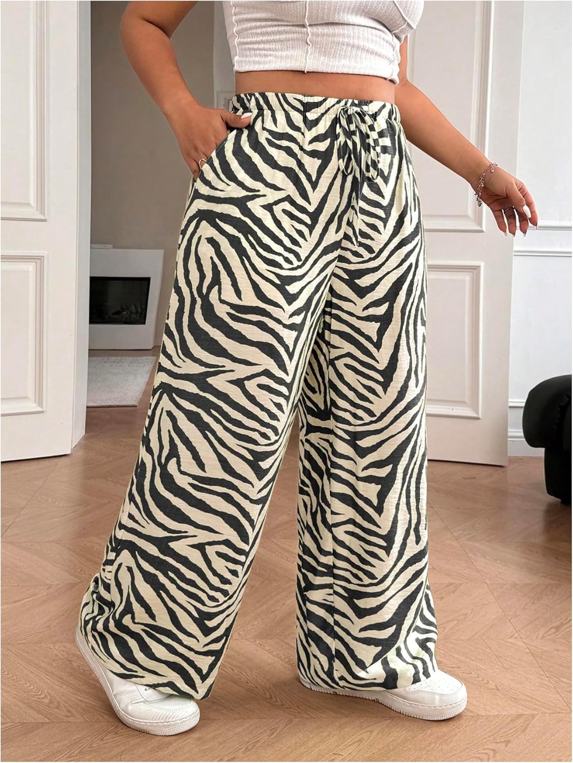 Floerns Women's Plus Size Casual Zebra Print Wide Leg Pants Drawstring Lounge Baggy Pant - Image 4